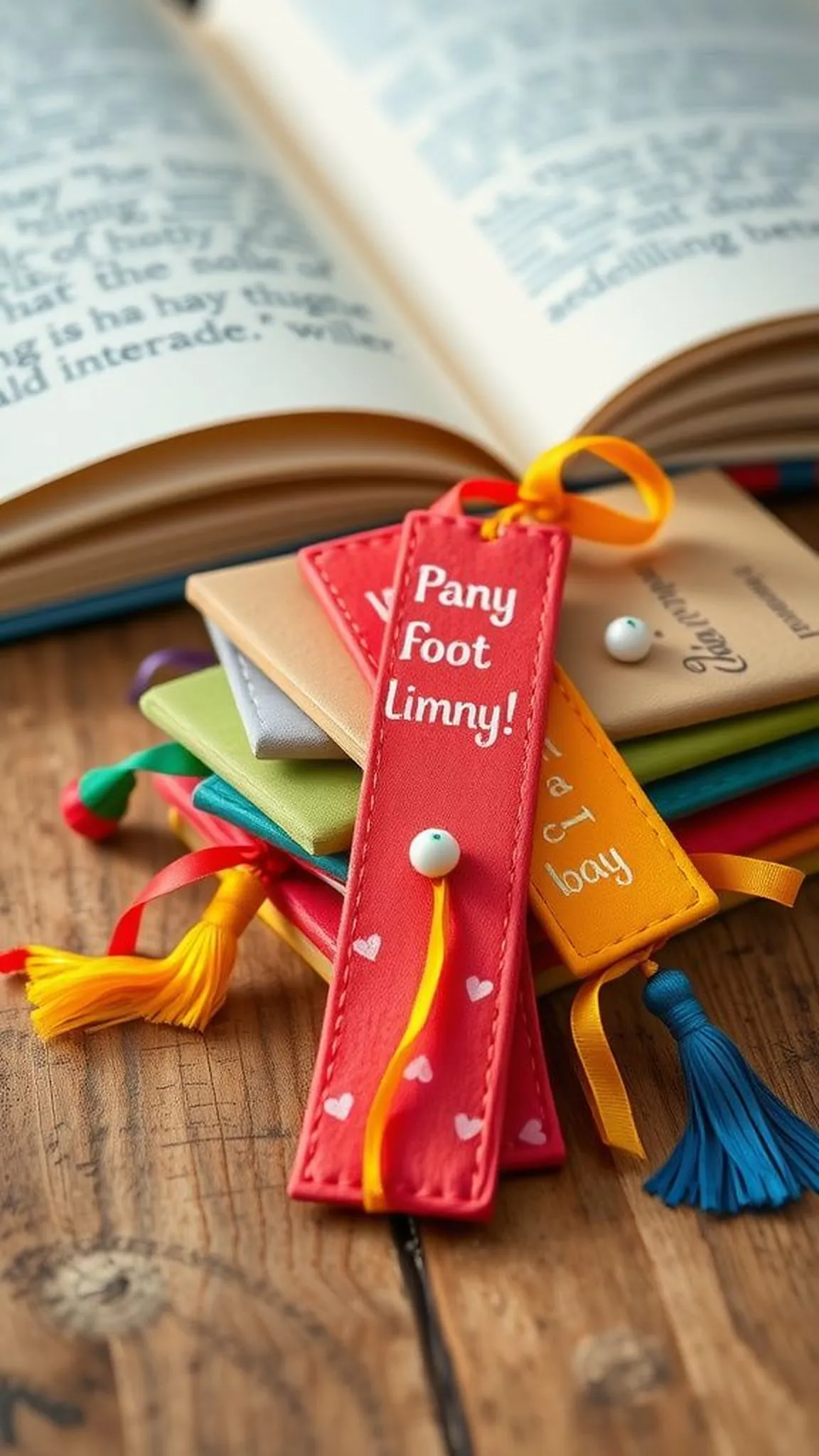 Colorful bookmark set with ribbon tassels attached