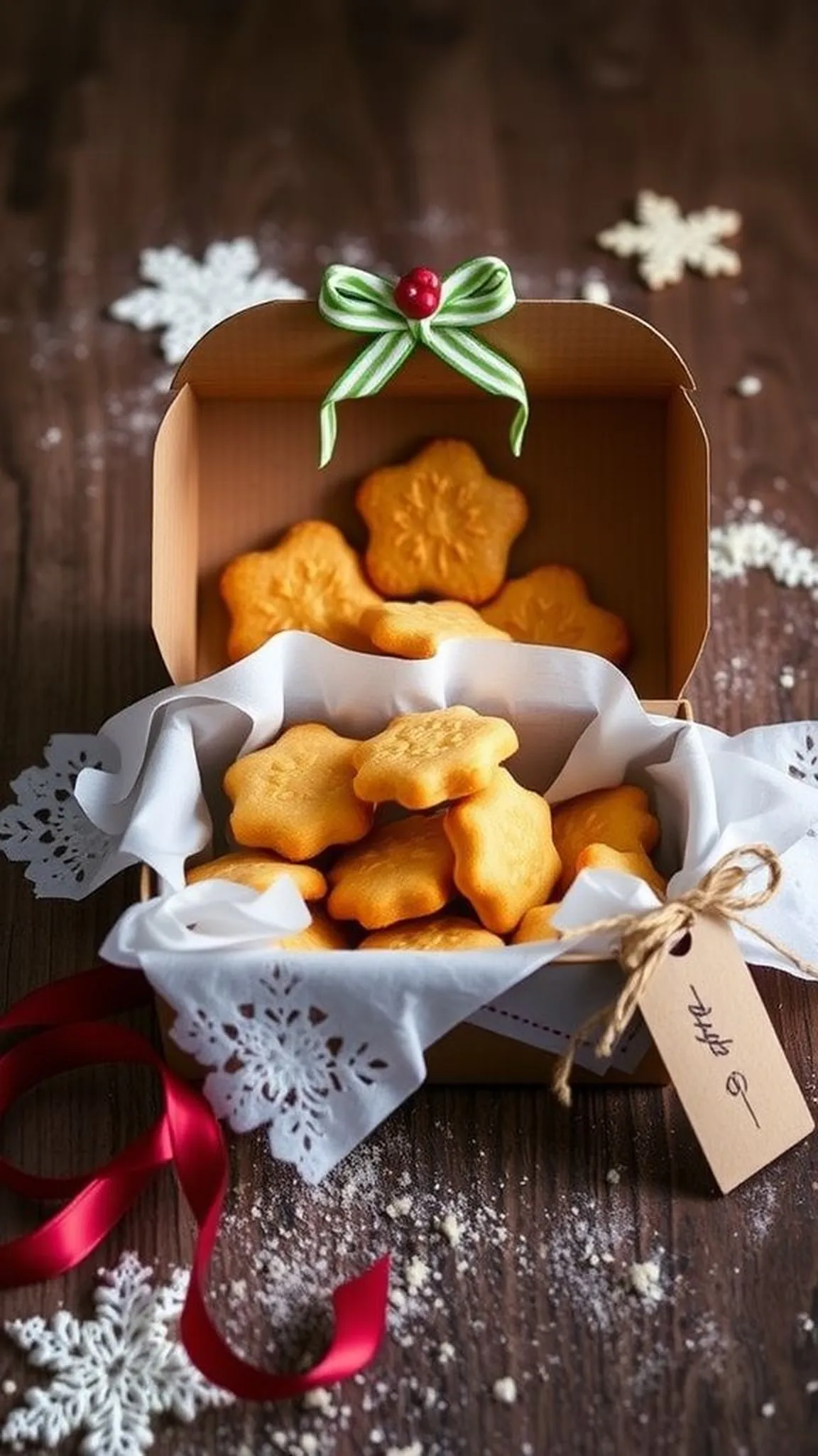 Hand-decorated cookie box tied with ribbon and tag