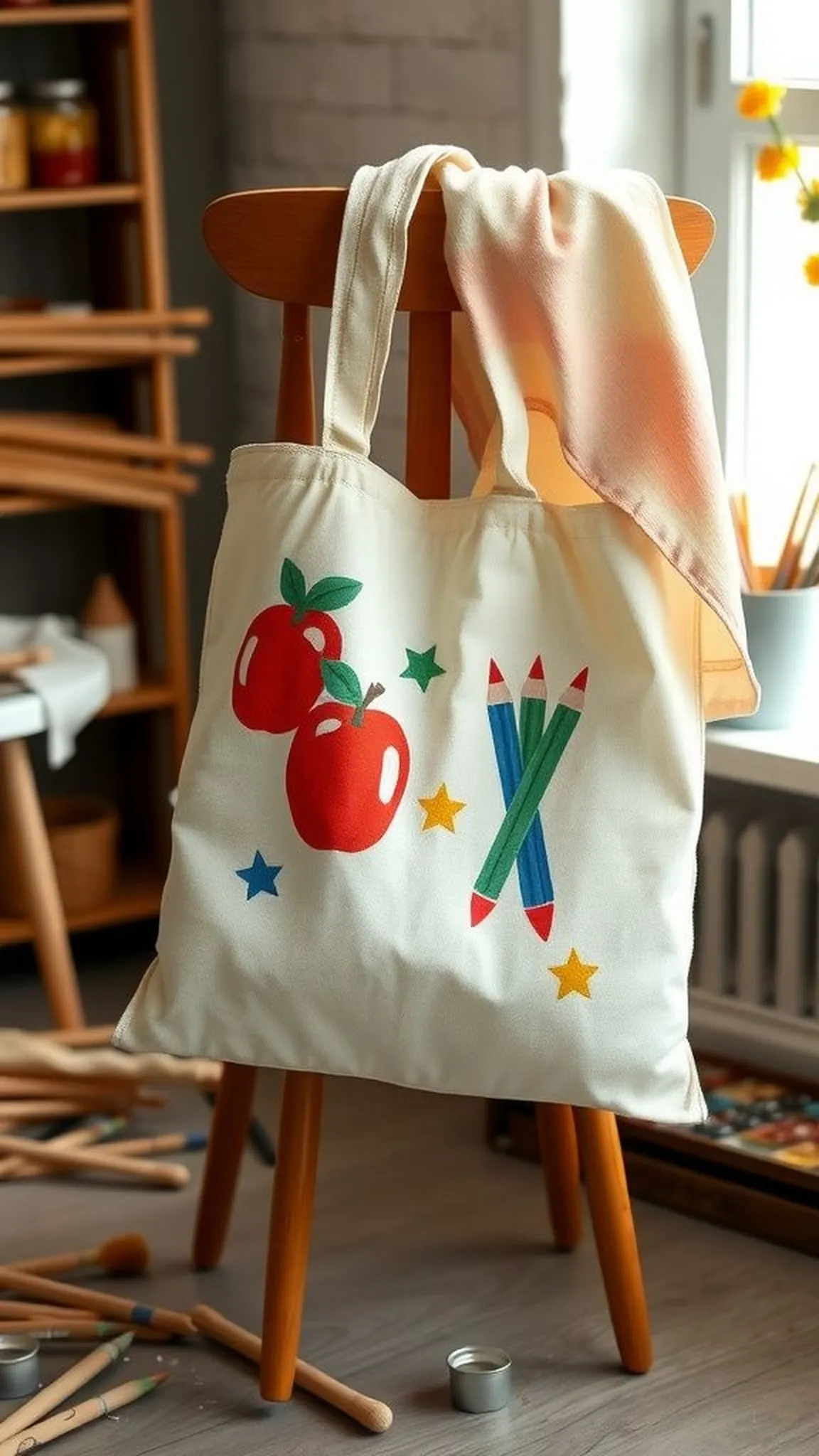 Hand-painted canvas tote with cheerful classroom motif