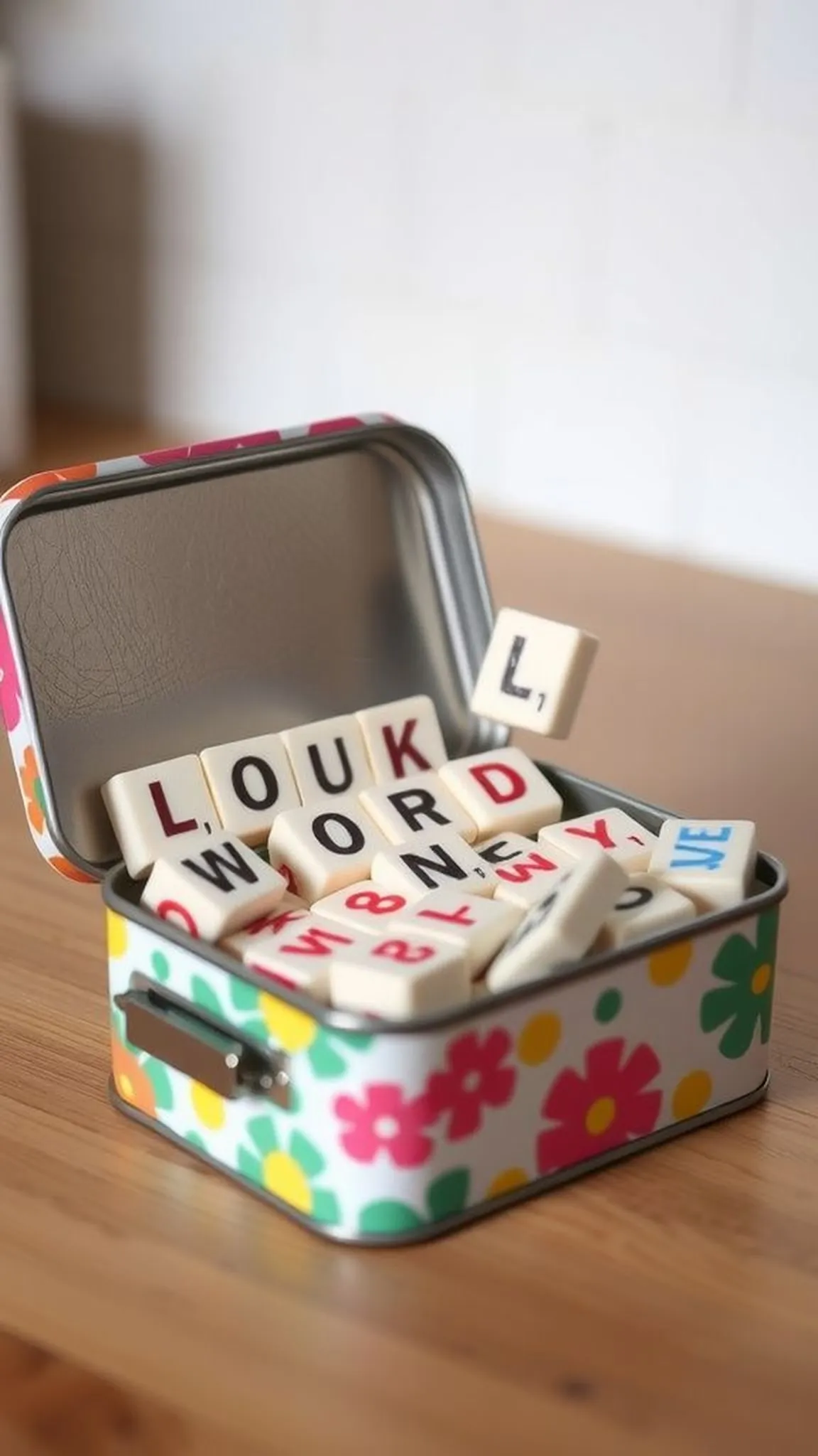 Magnetic poem kit in a decorated tin container