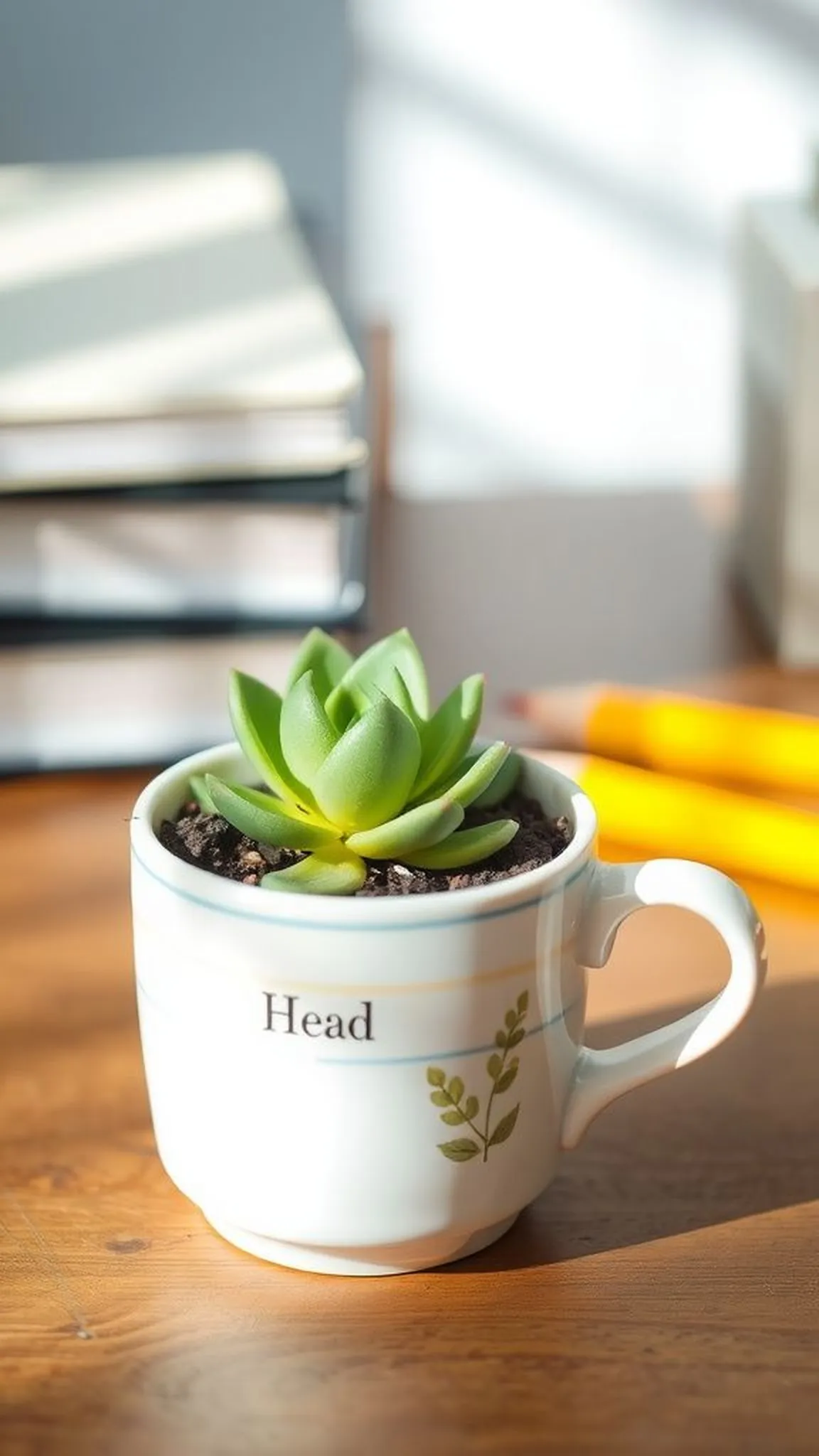 Mini succulent planter in a hand-decorated cup