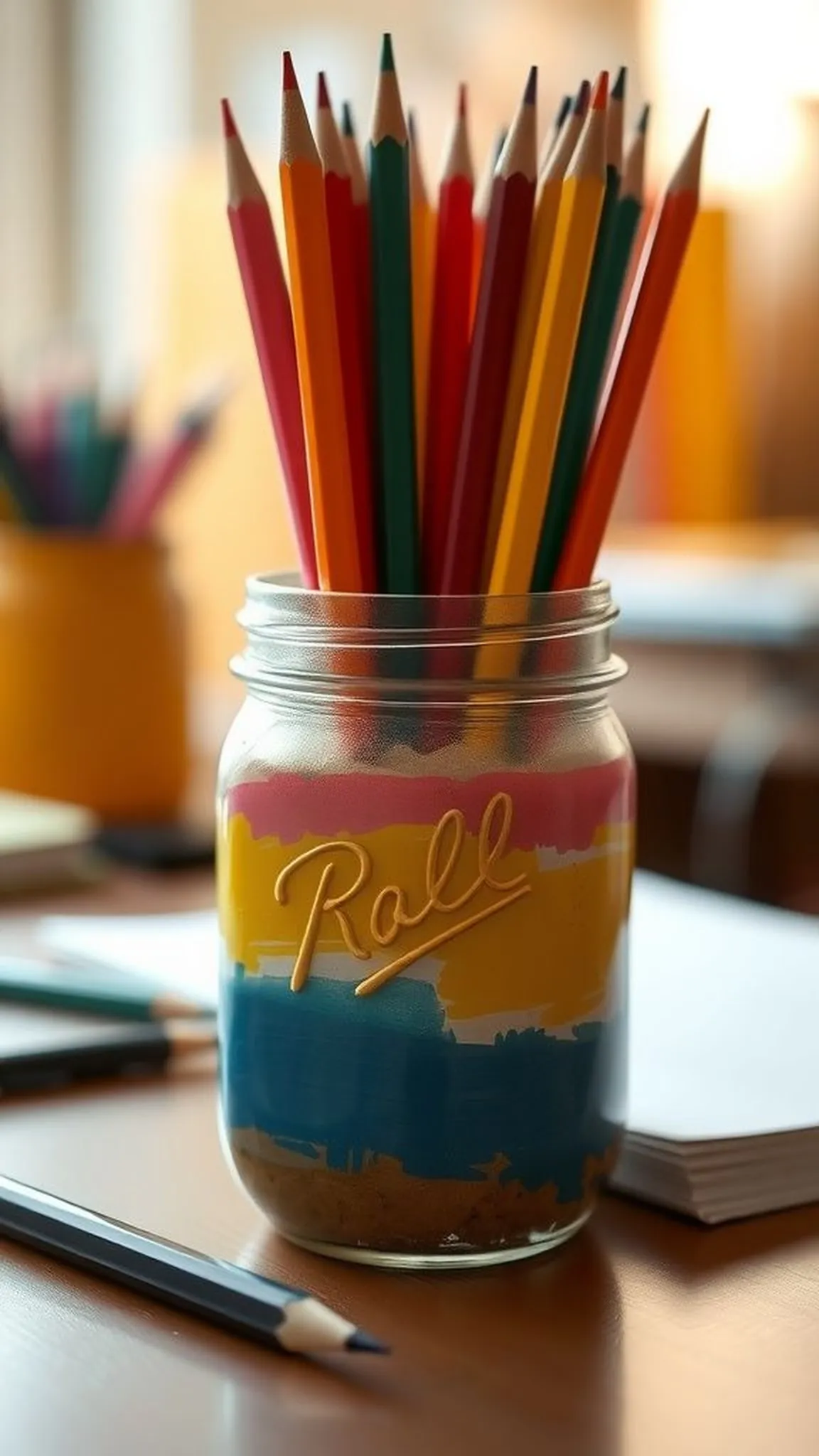 Pencil vase made from painted mason jar with flair