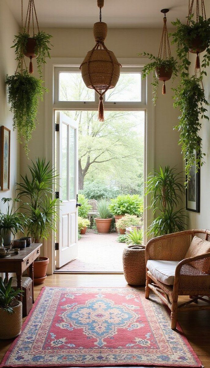 Bohemian style entryway with hanging plants