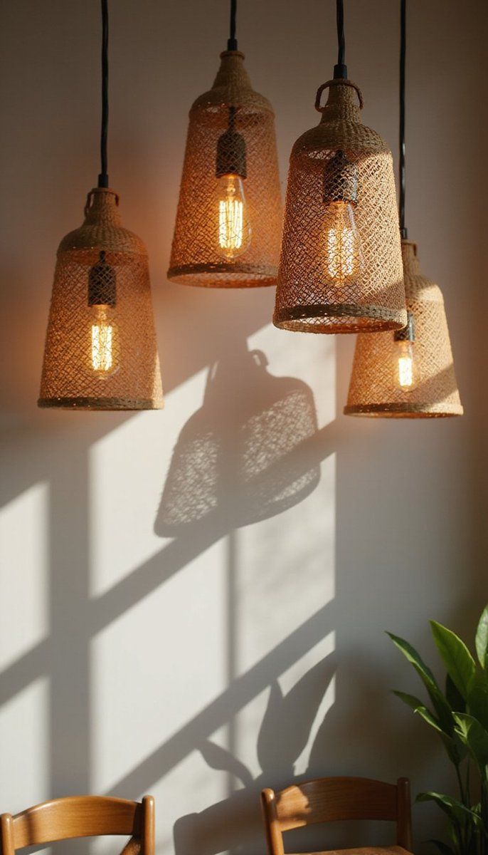 Boho-farmhouse lighting with wicker pendants