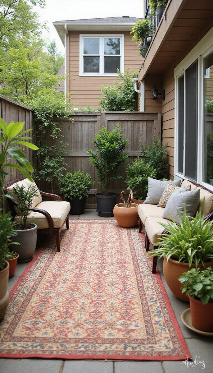 Bold outdoor rugs anchor the space