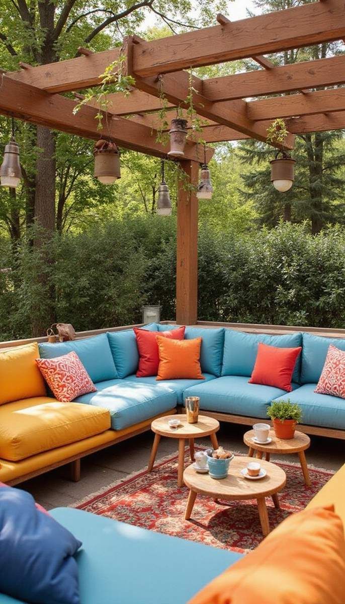 Chic outdoor lounge under a wooden pergola