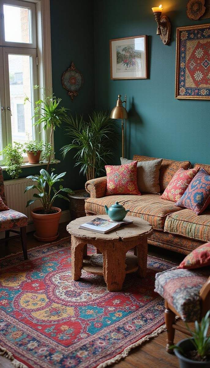 Colorful bohemian living room vibes