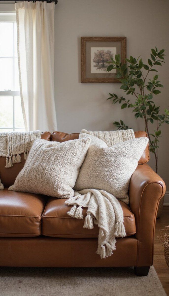 Cozy knit throws over a leather sofa