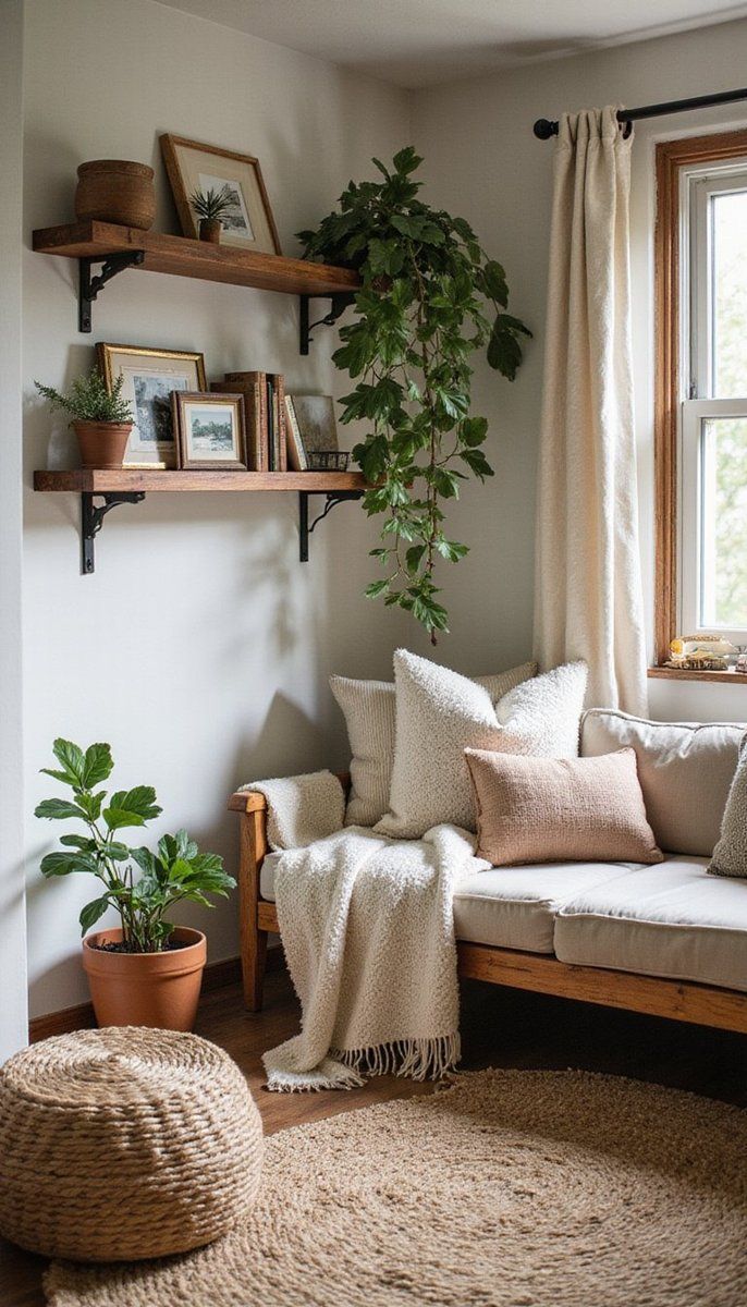 Cozy reading nook with plants