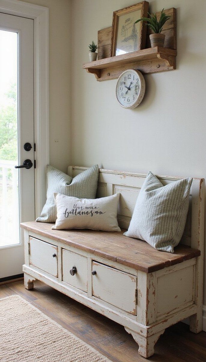 Distressed wooden bench with storage