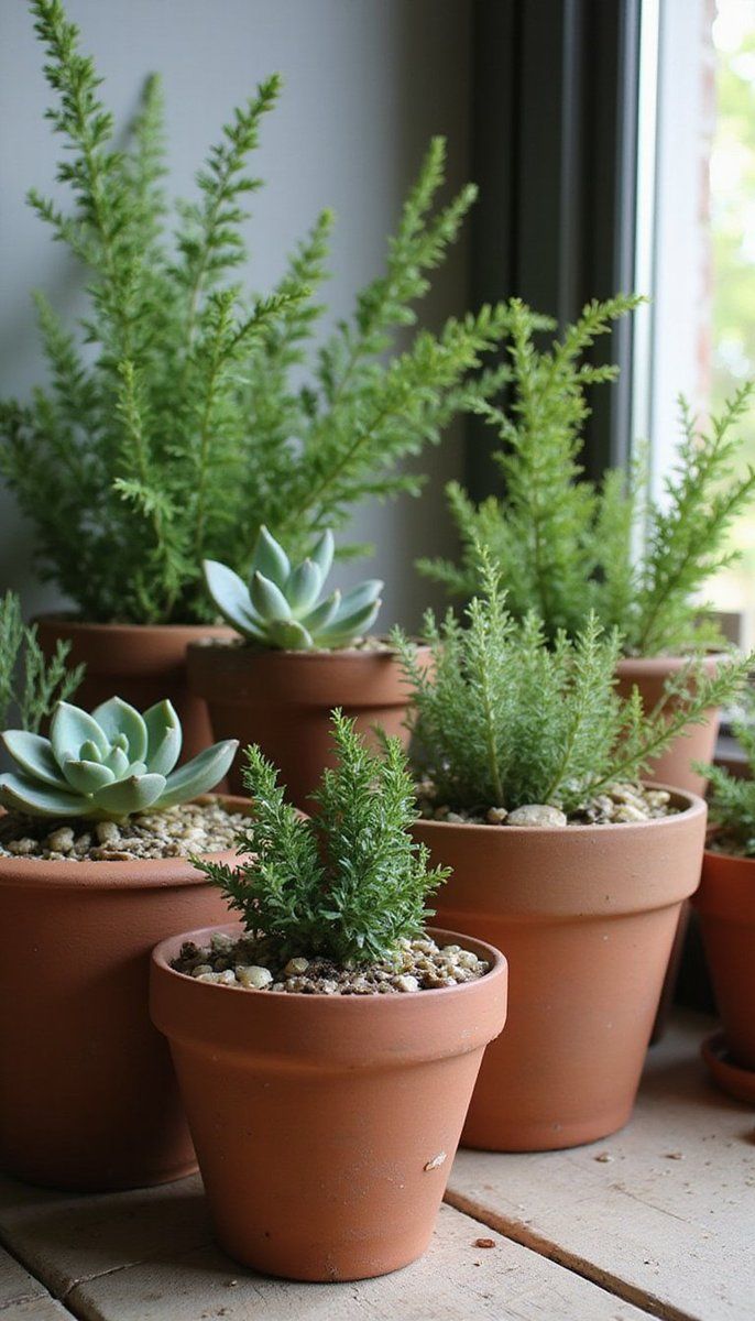 Earthy clay pots with lush greenery