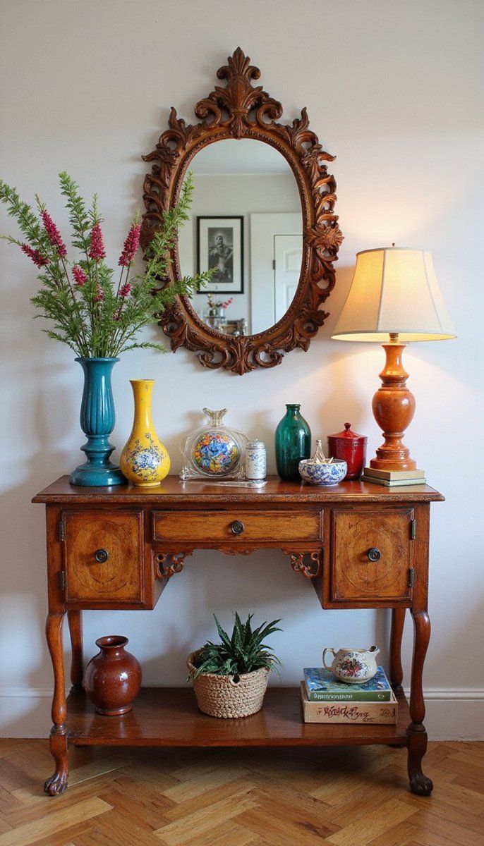 Eclectic console tables and mismatched decor