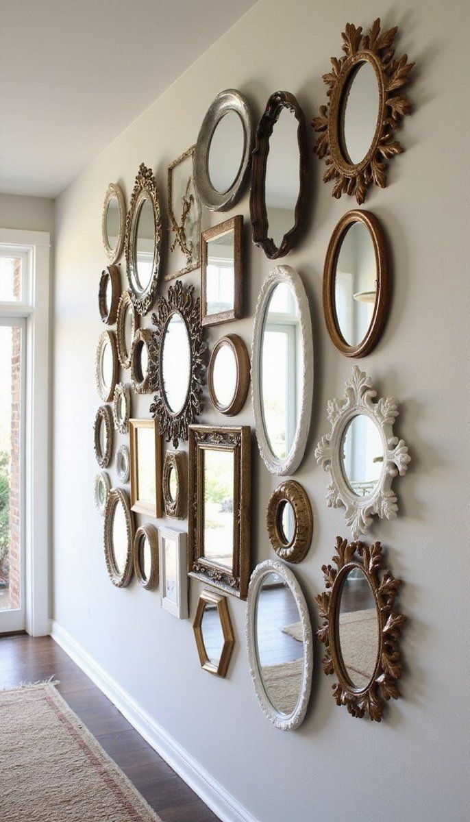 Eclectic mirror wall with mixed shapes
