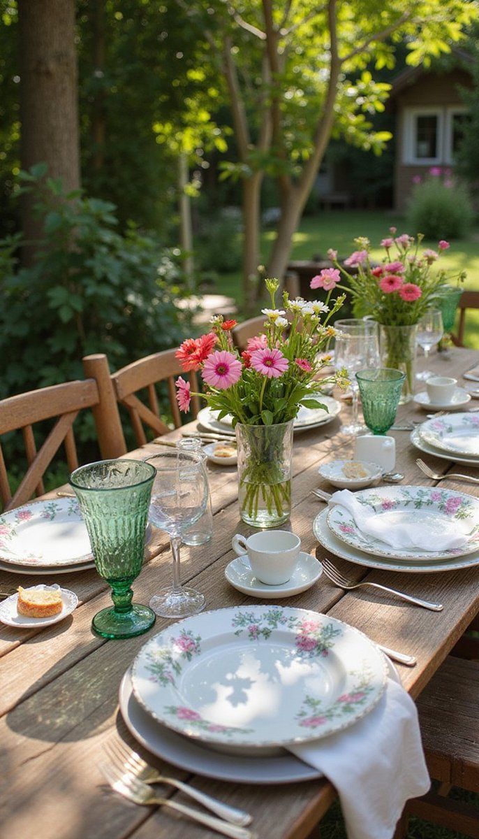 Eclectic outdoor dinner setup with mix-and-match tableware