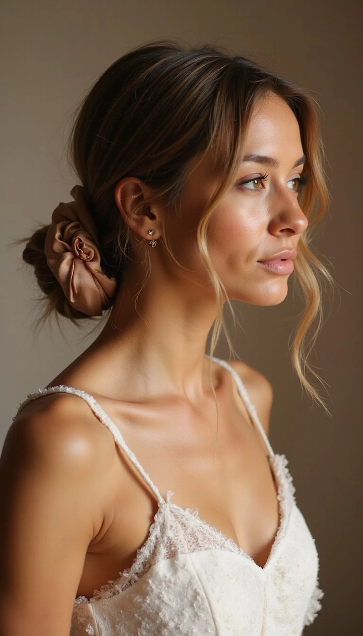 Low Messy Bun With Face-Framing Shoulder Strands