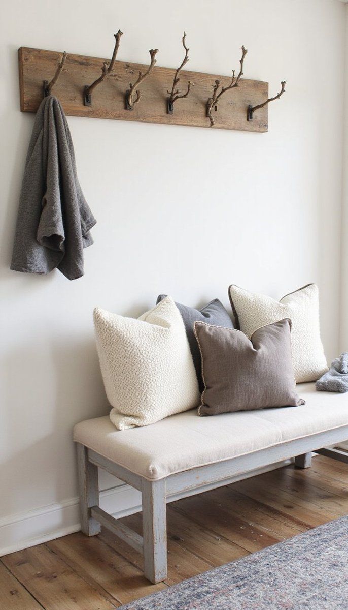 Farmhouse benches with cozy details