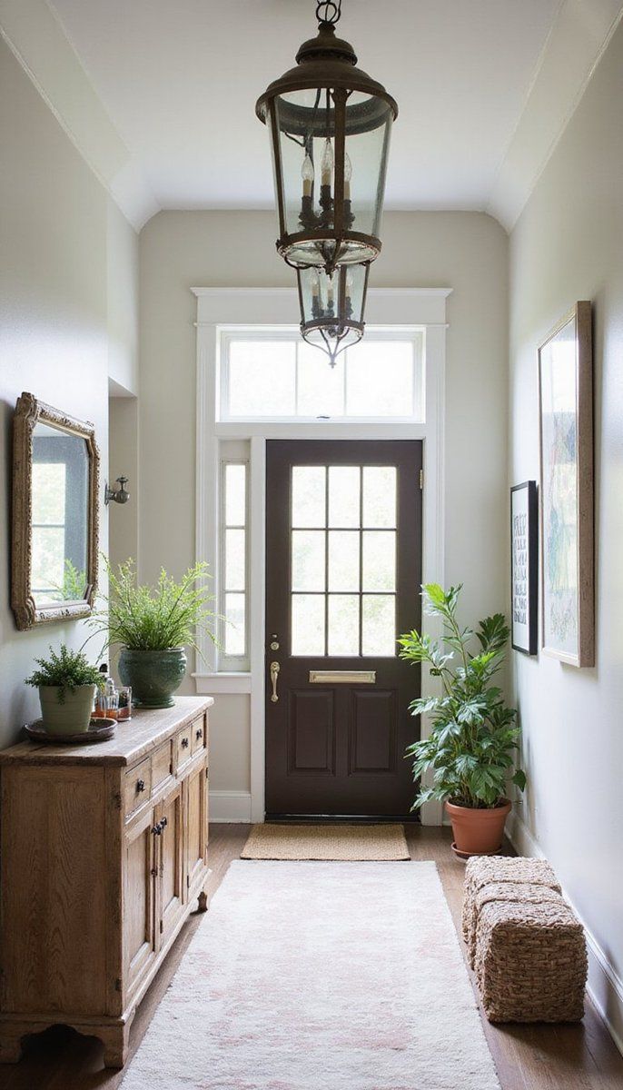 Farmhouse entryway with eclectic lighting
