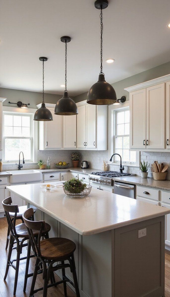 Farmhouse pendant lights above a kitchen island