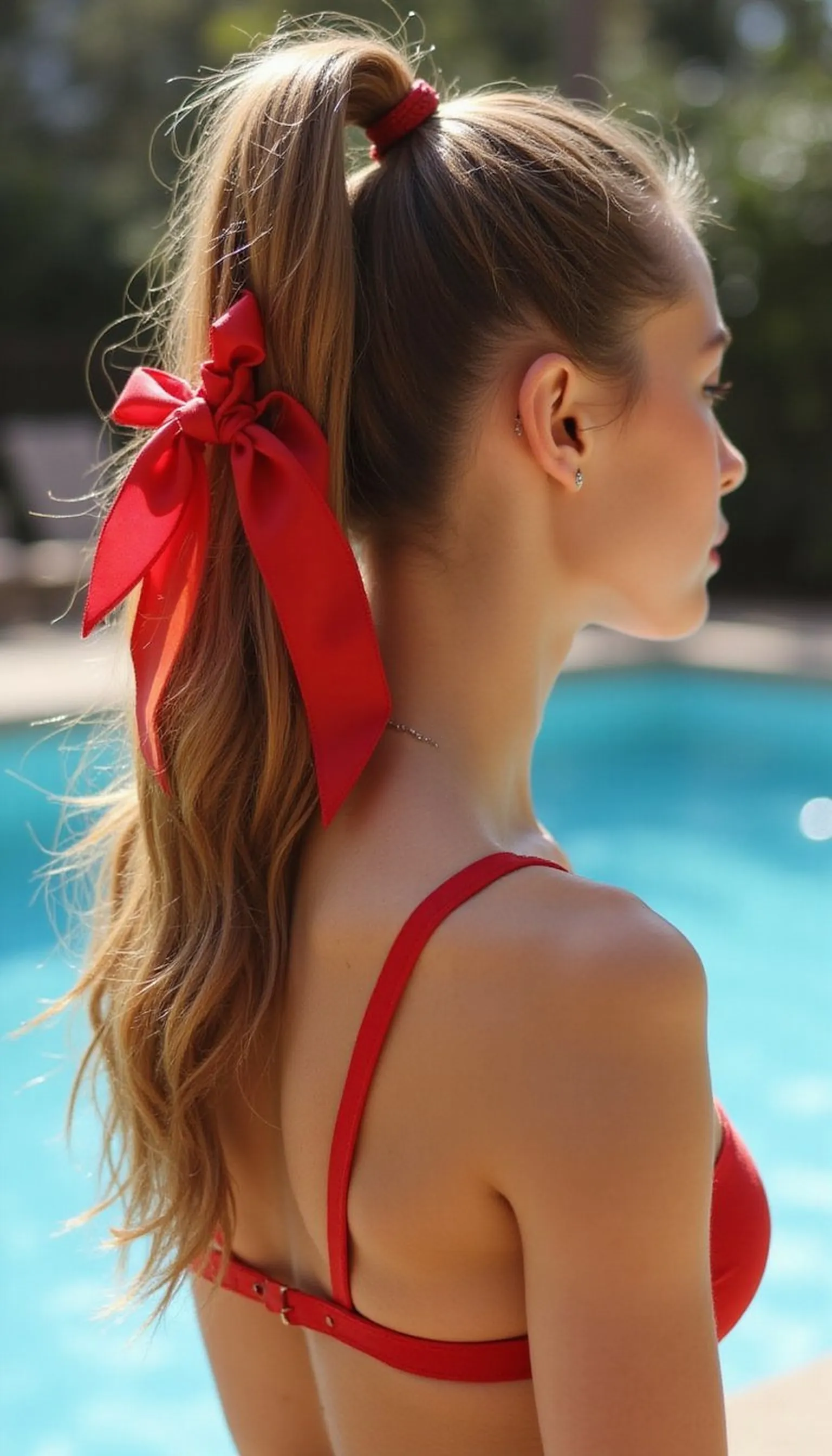 High Ponytail Tied With Red Satin Ribbon