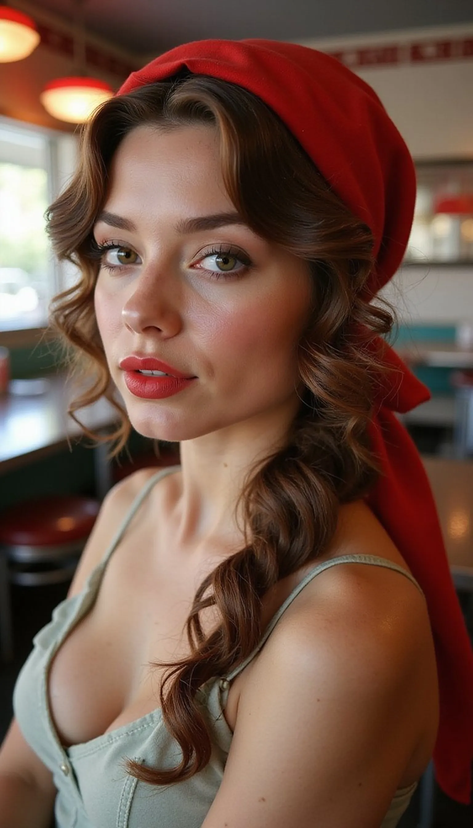 Retro Victory Rolls With Red Head Scarf
