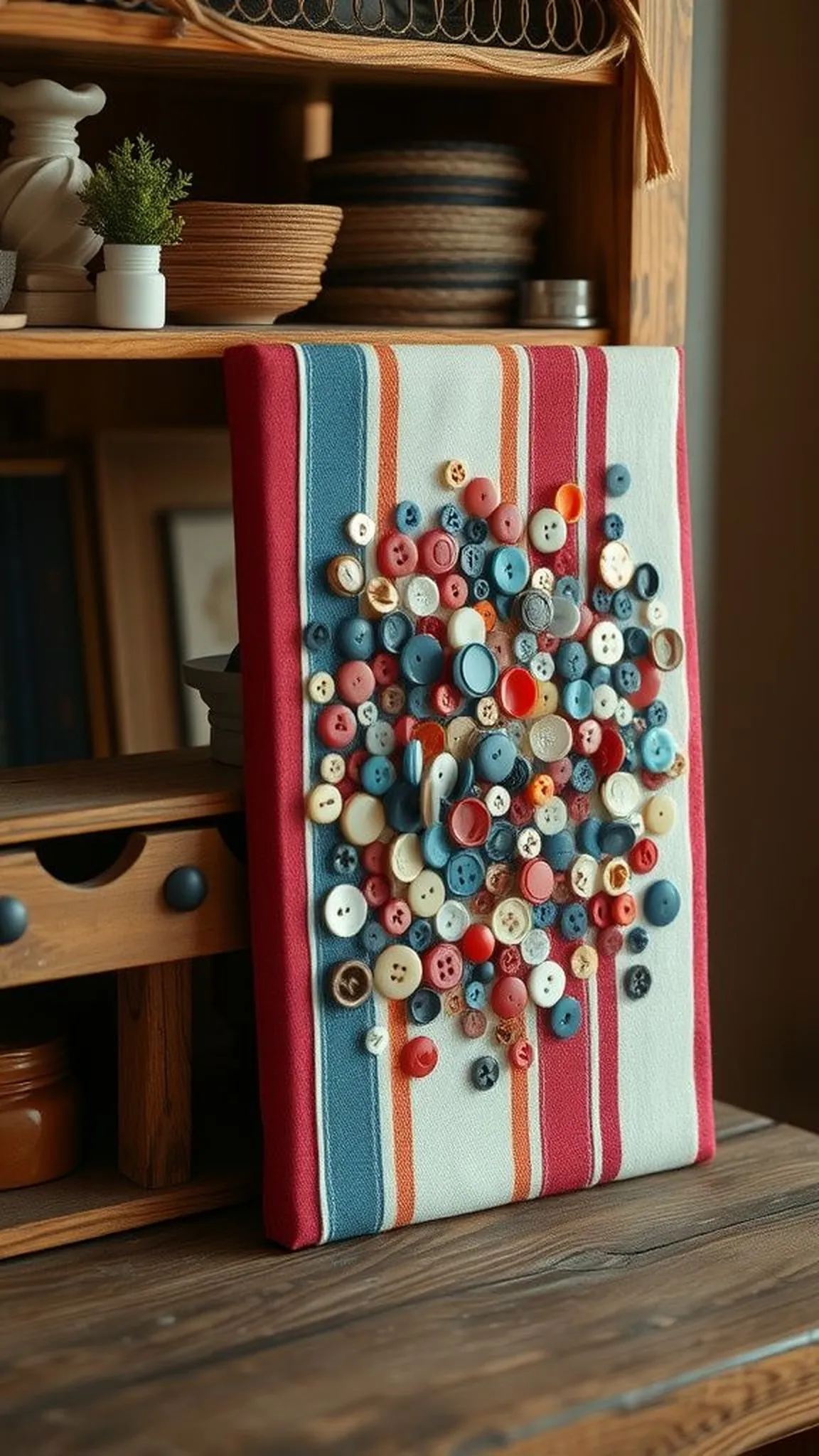 Button and fabric flag collage on stretched canvas