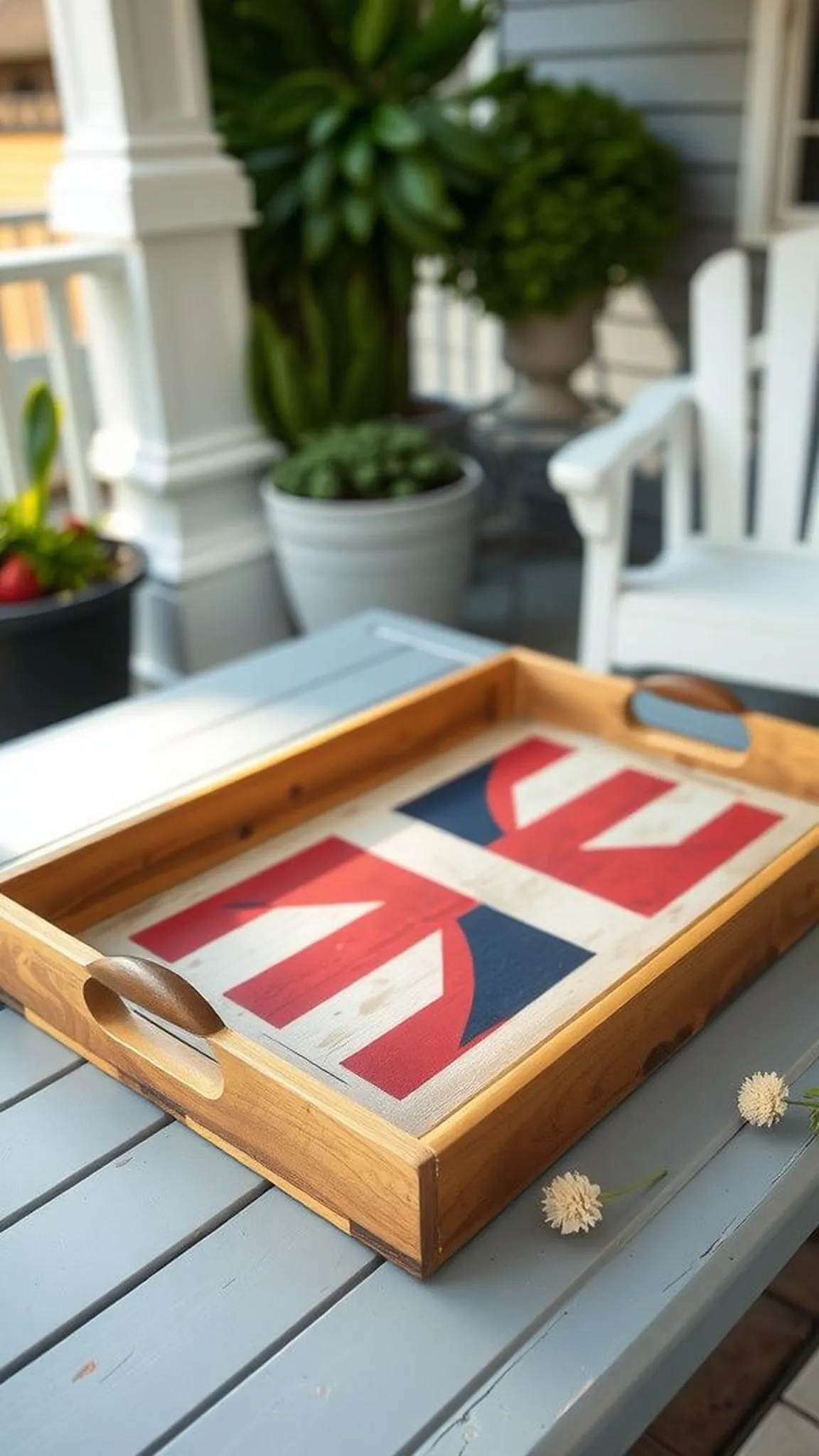 Decoupage serving tray with vintage flag print