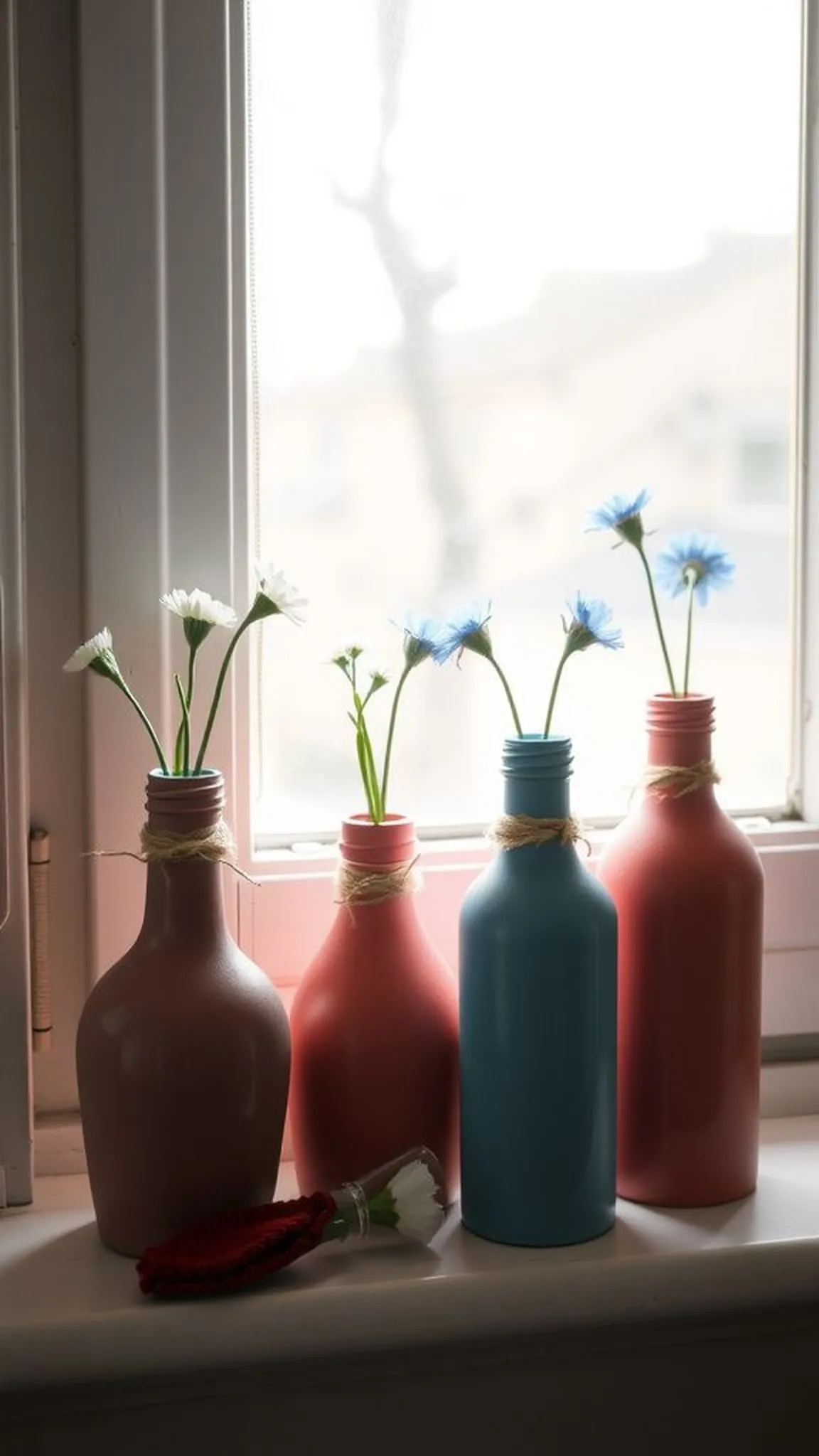 Painted glass bottle vases with twine accents