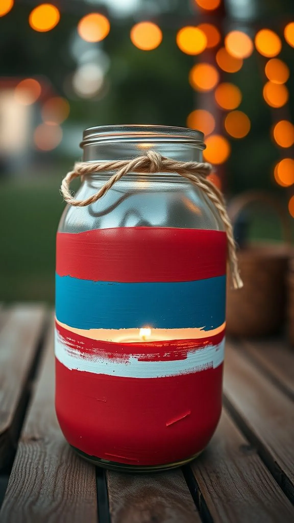 Painted mason jar flag lantern with twine glow