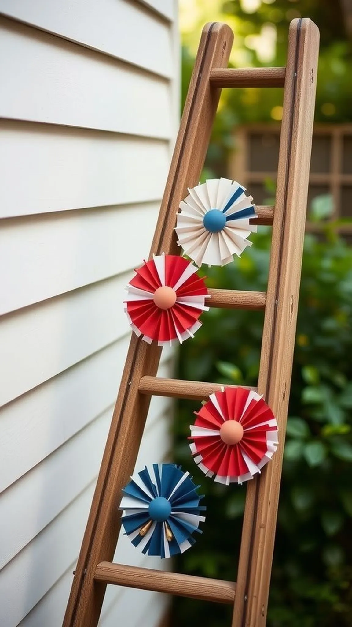 Paper rosette pinwheel display on a vintage ladder