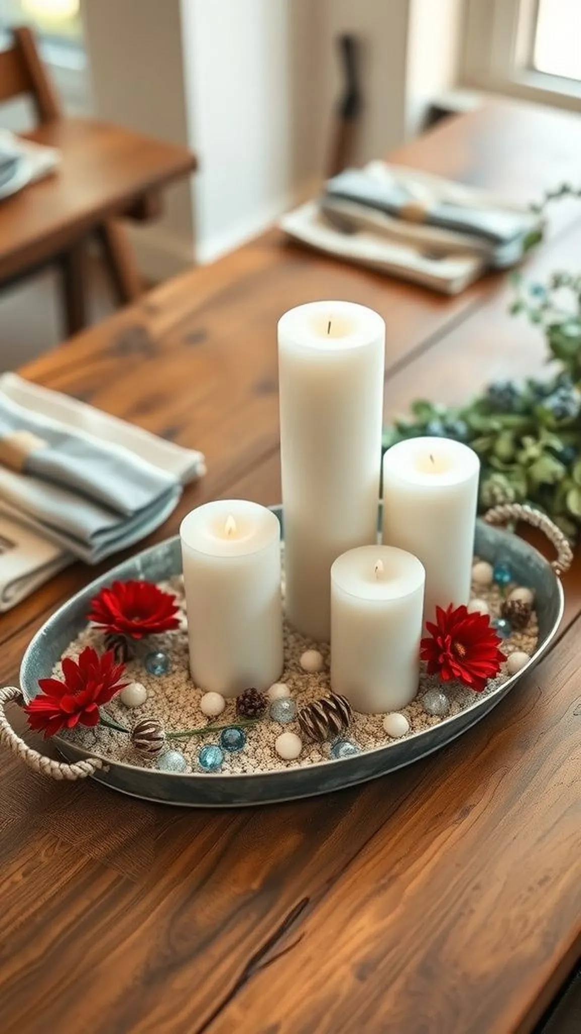 Patriotic centerpiece in a galvanized metal tray