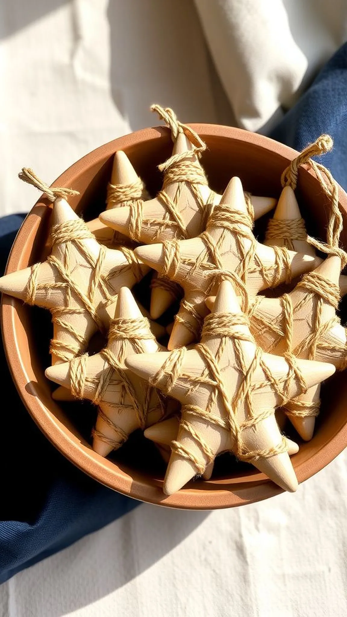 Rope-wrapped wooden star ornaments for tree or porch
