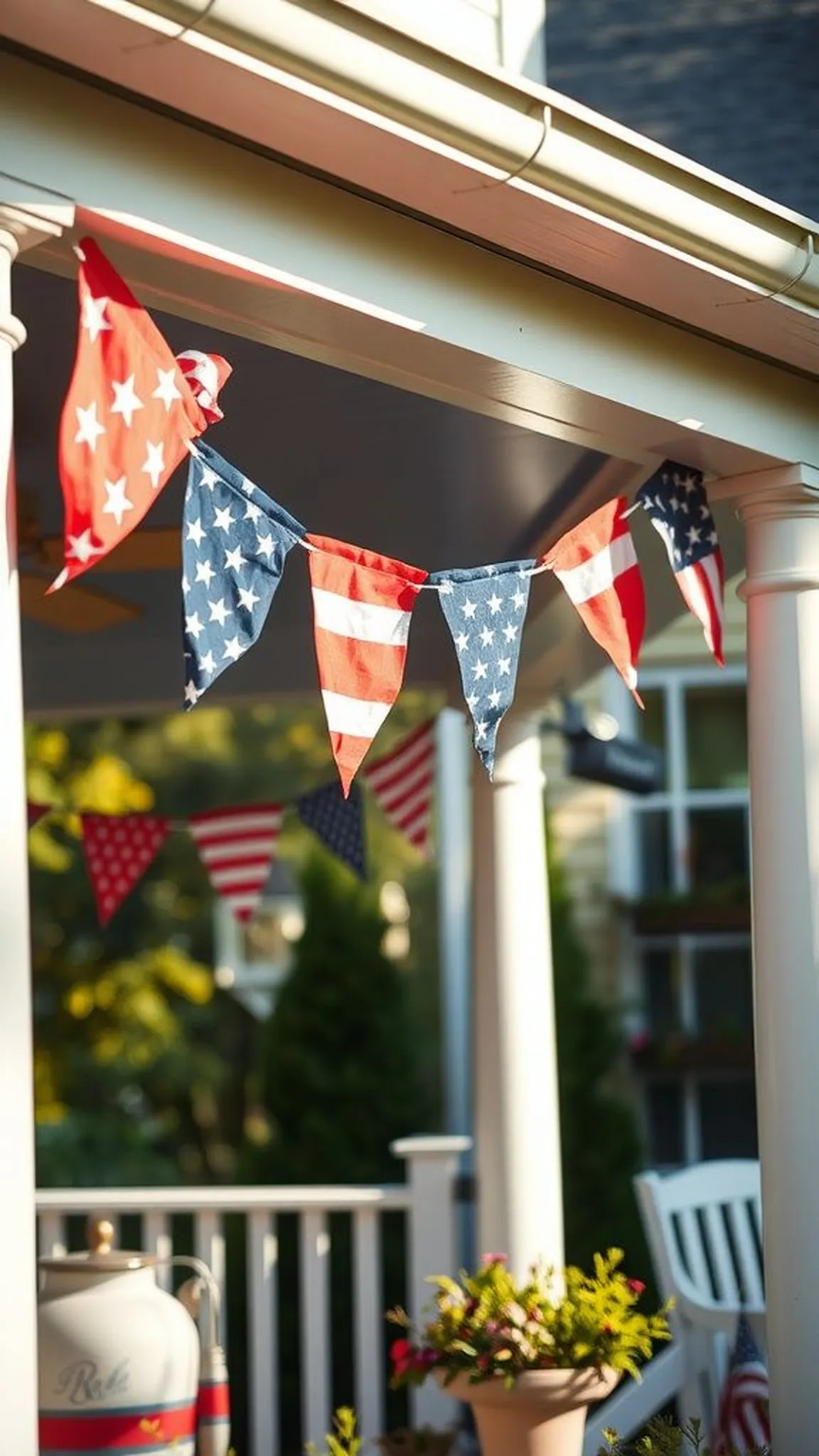 Star-spangled fabric bunting banner across porch roofline