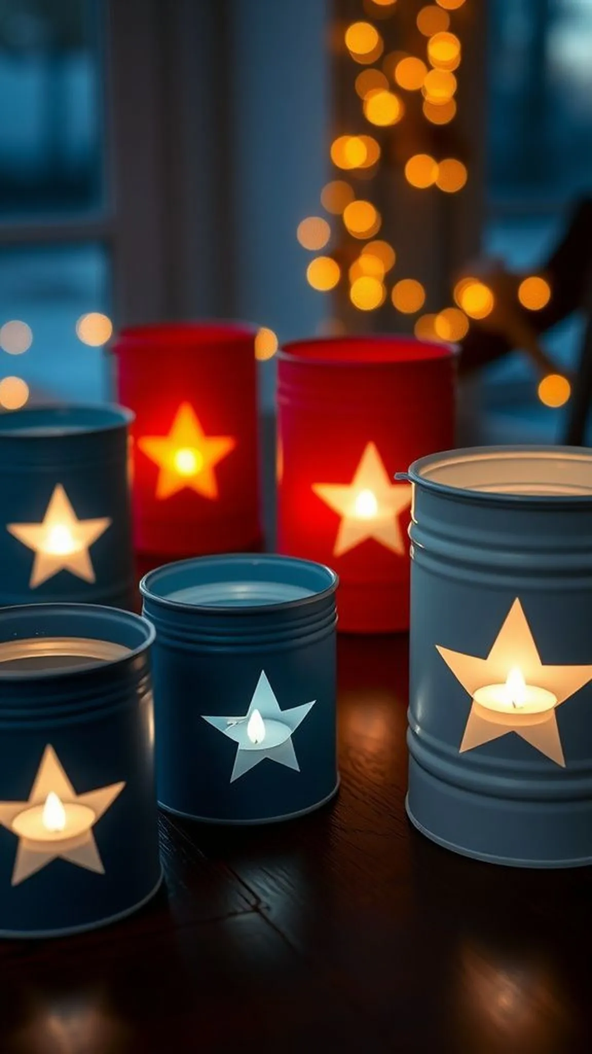 Tin can luminaries with star-patterned glow
