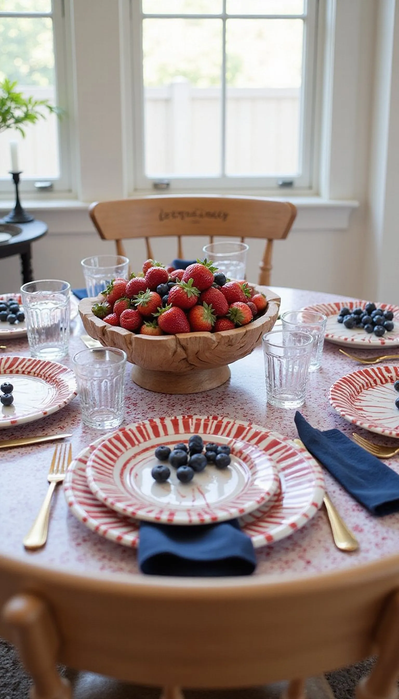 Bold striped plates with wooden centerpiece