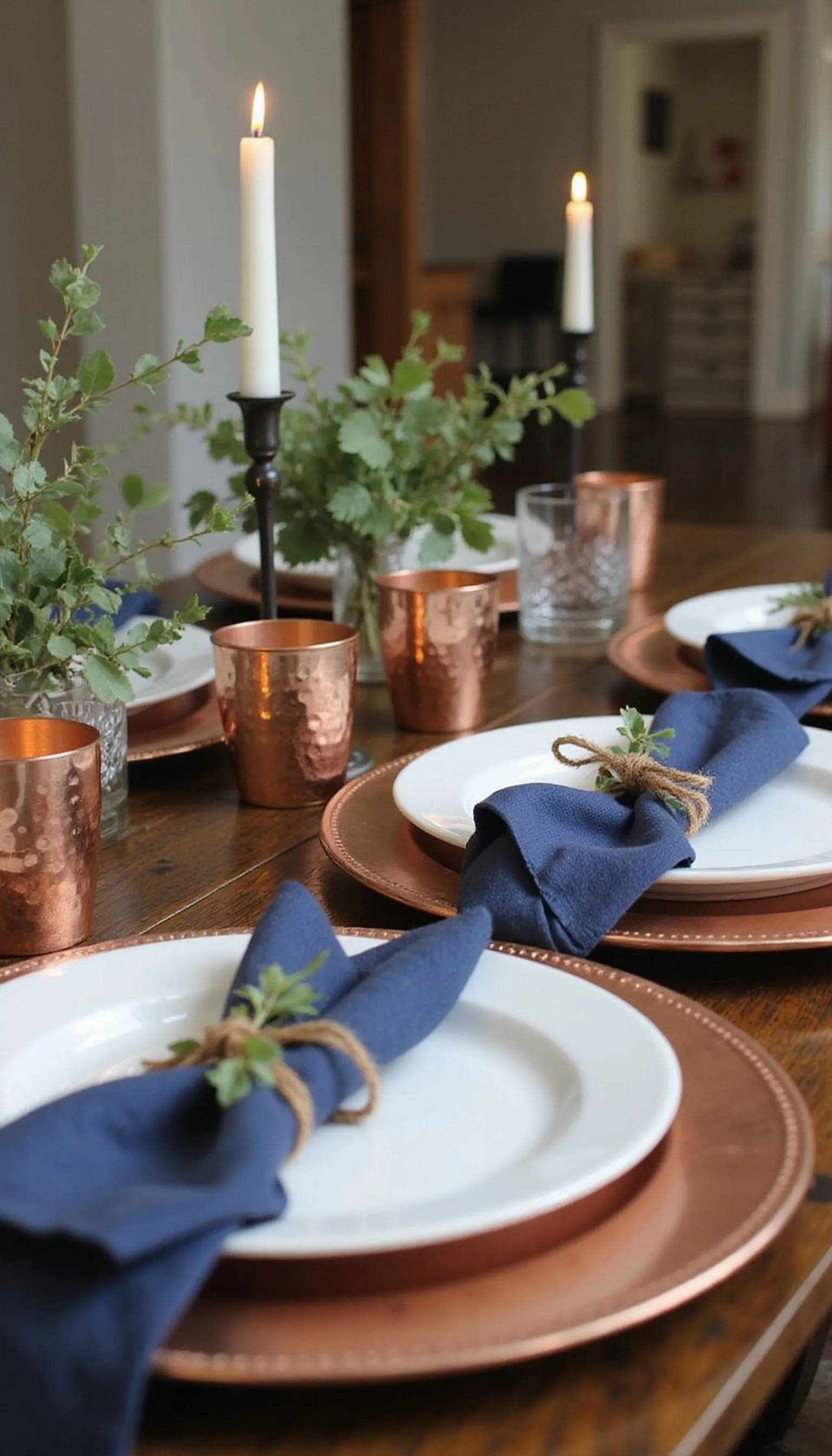 Copper accents with navy chargers for evening luxe
