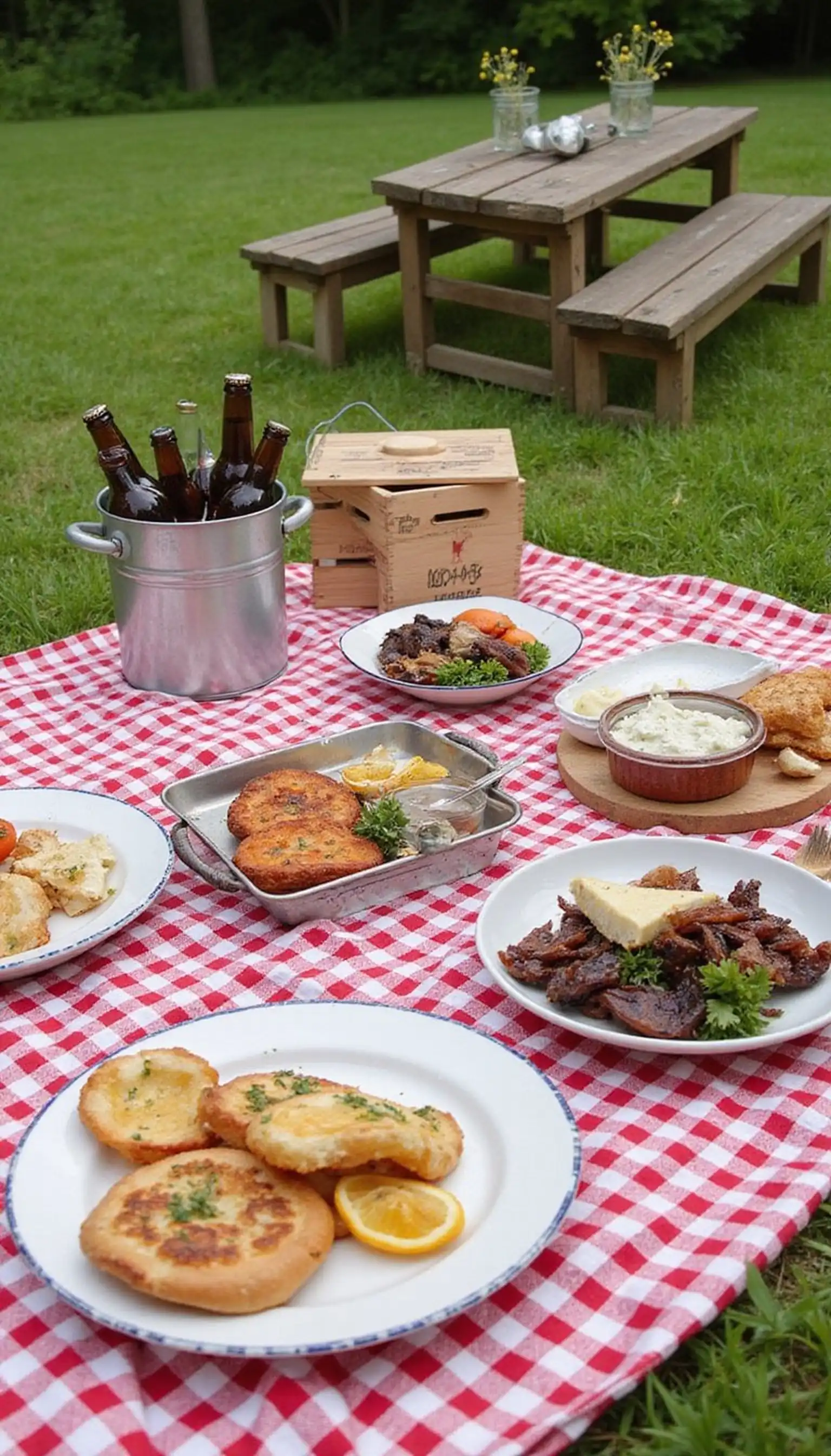 Gingham picnic spread on a backyard blanket