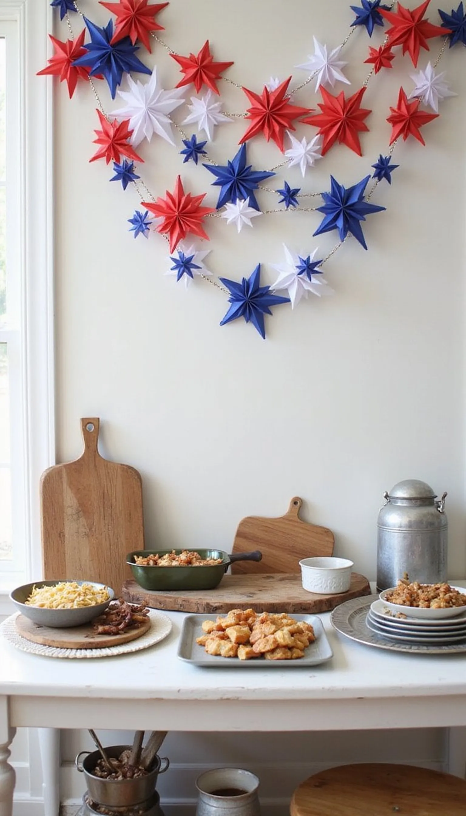 Paper star garlands above a casual buffet table
