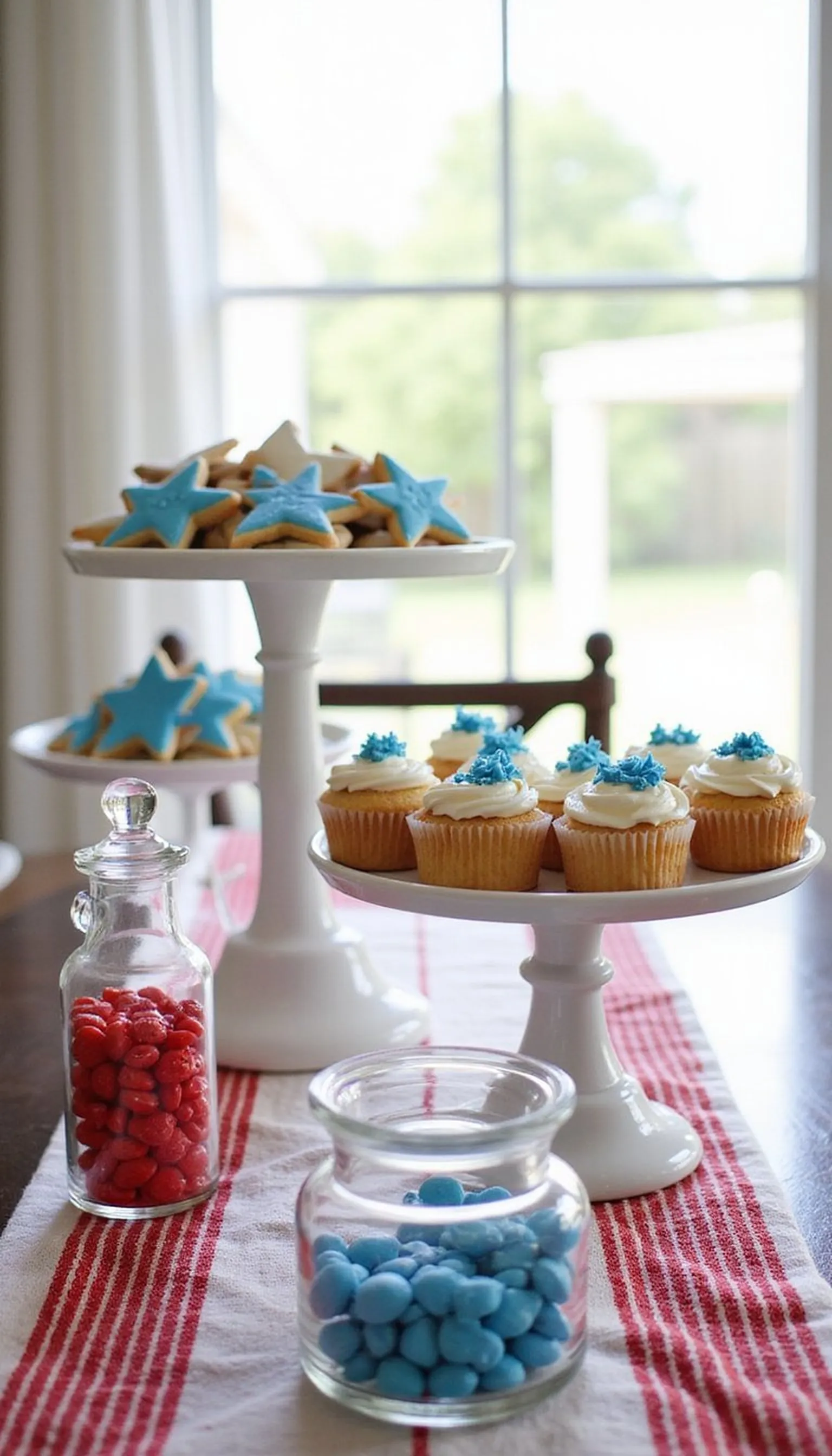 Patriotic dessert table with tiered stands