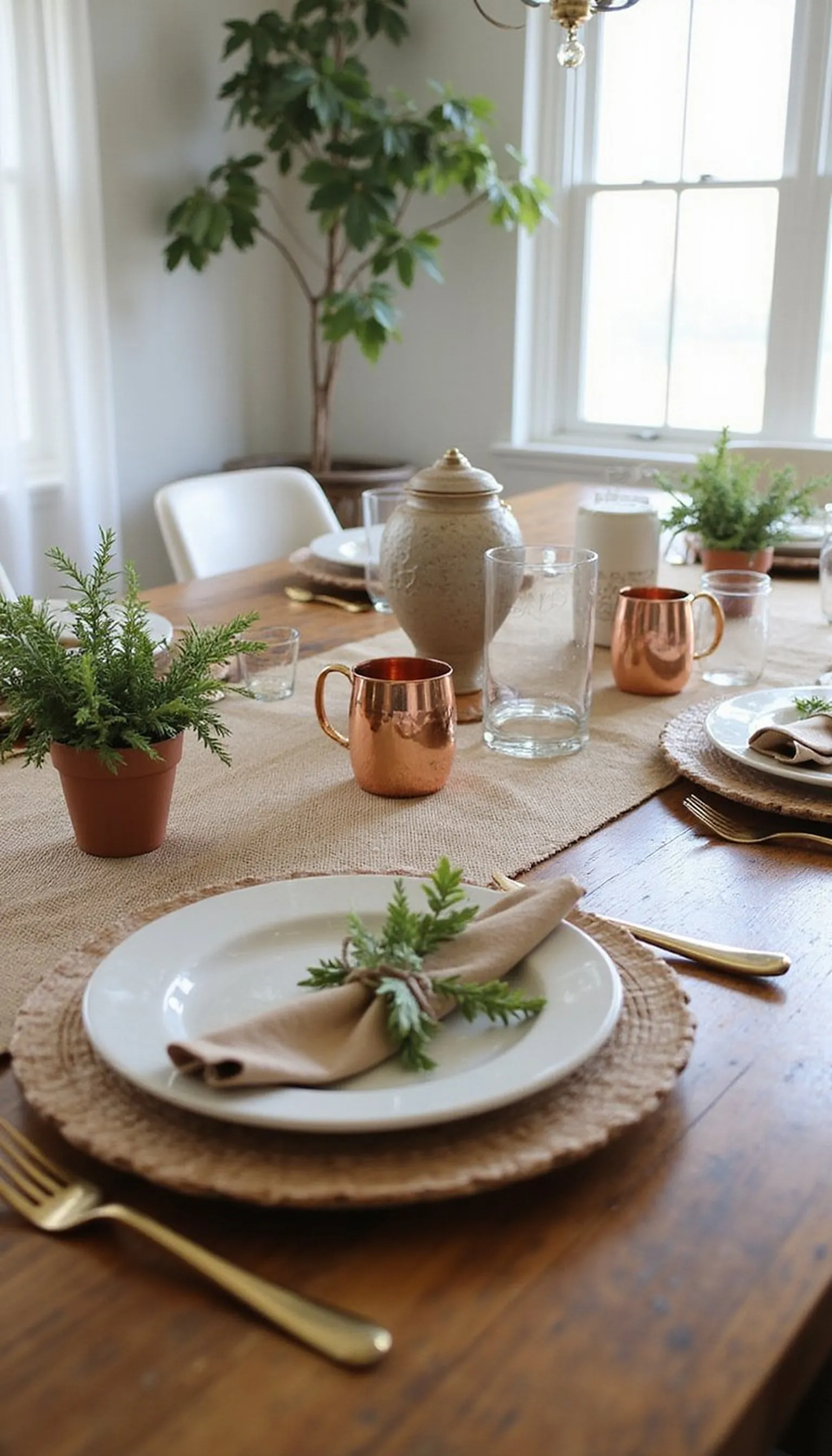 Rustic burlap and copper accents dinner setup