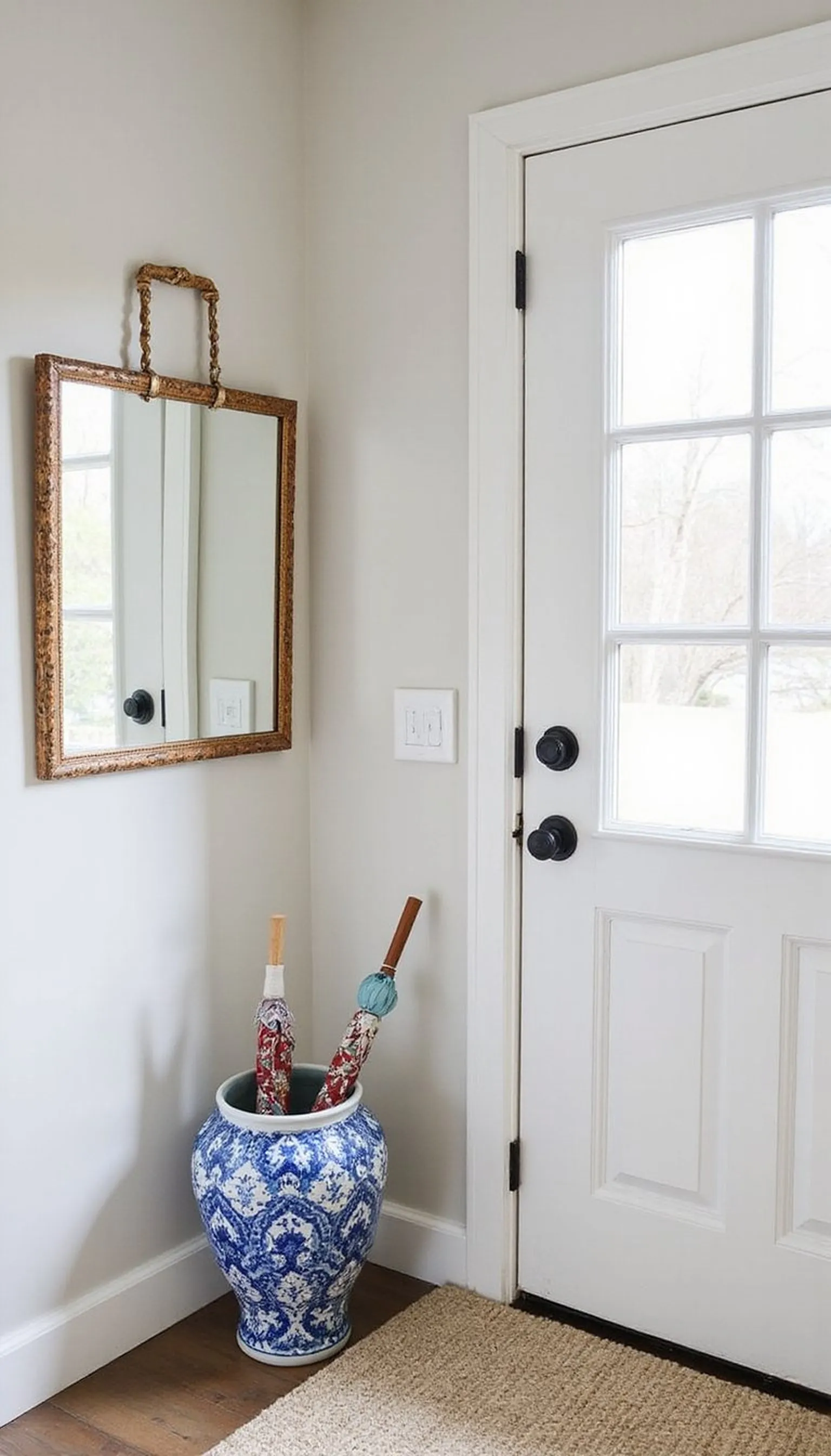 Blue-and-white ceramics and cane mirror combo