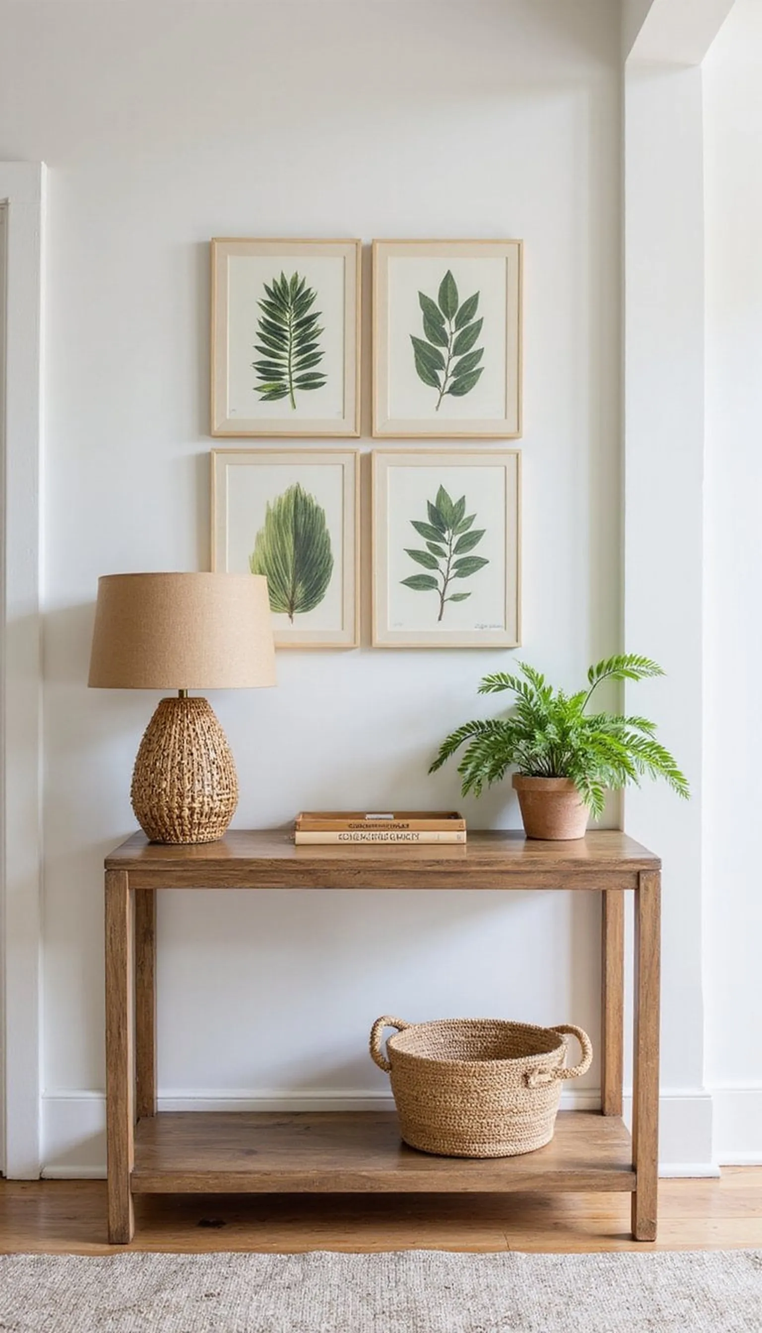 Botanical gallery wall with a slender console below