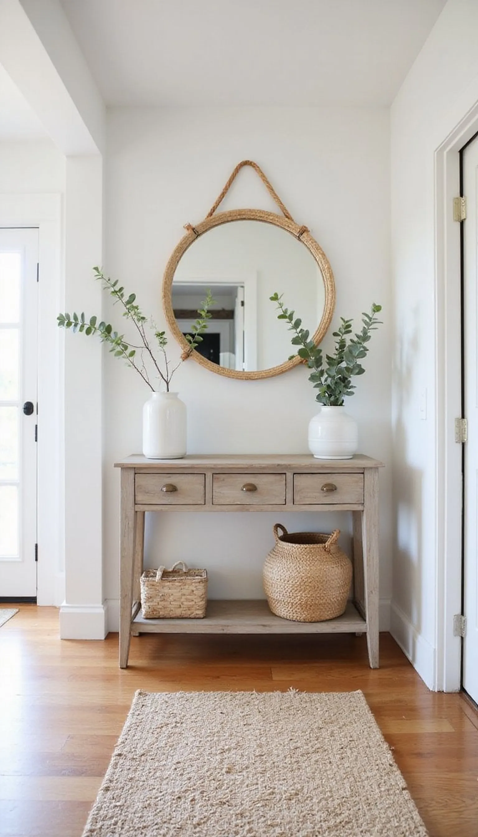 Coastal basket and round mirror for breezy entry