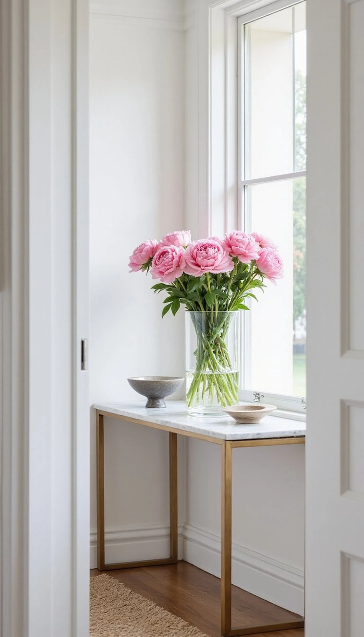 Glass vase with seasonal flowers on a marble console