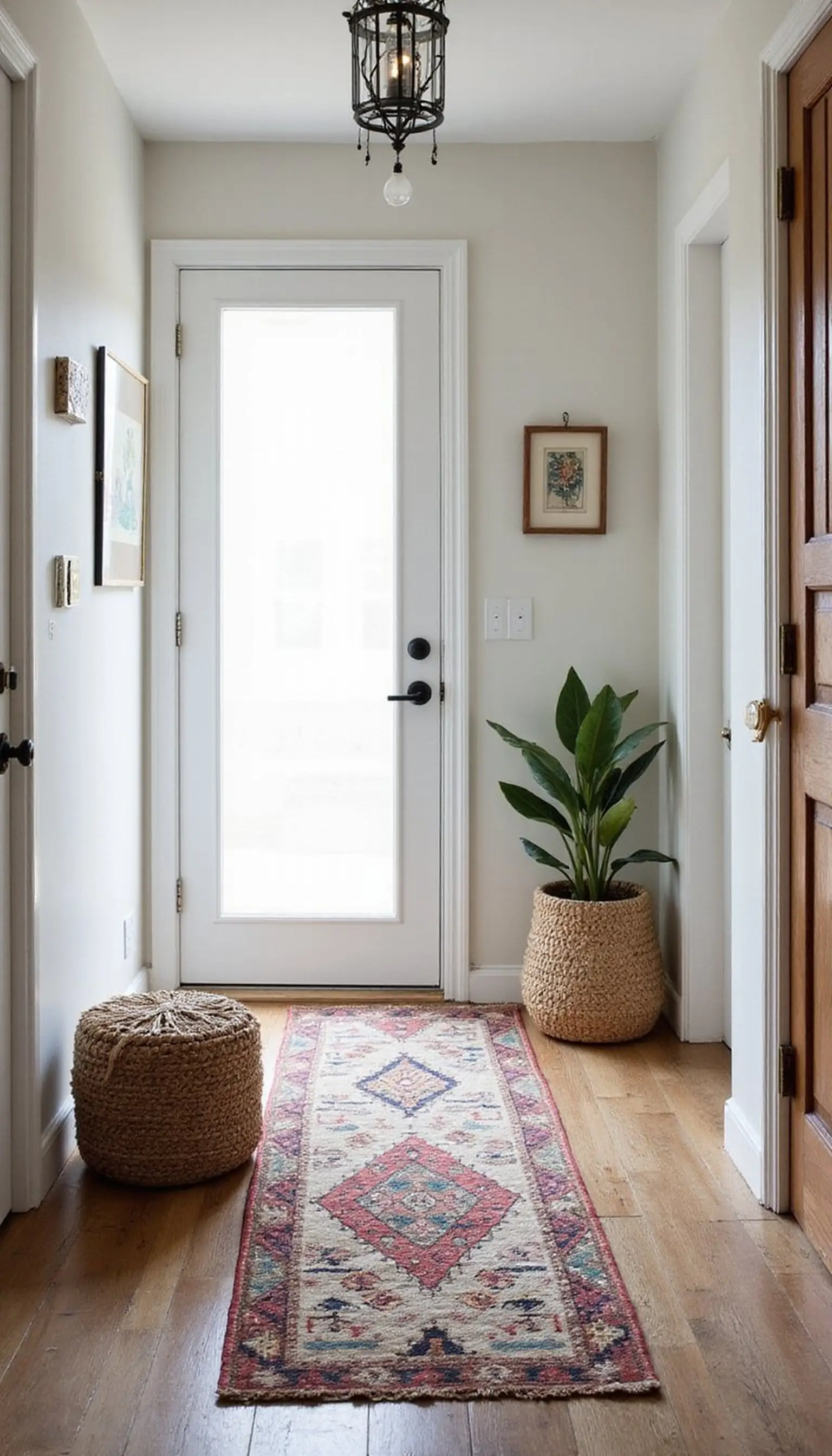 Layered boho look with kilim rug and pouf