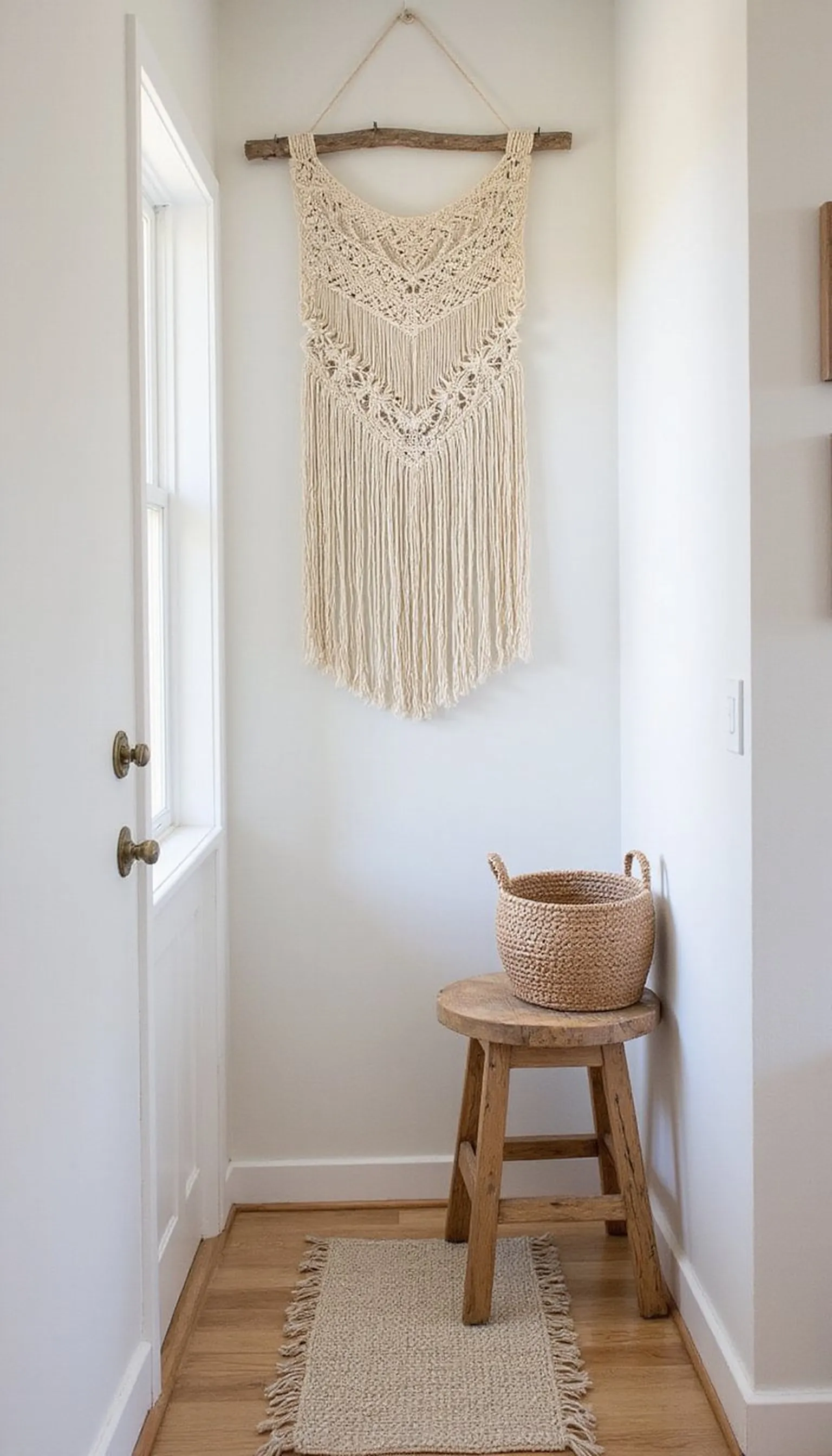 Macrame wall hanging over a wooden stool vignette