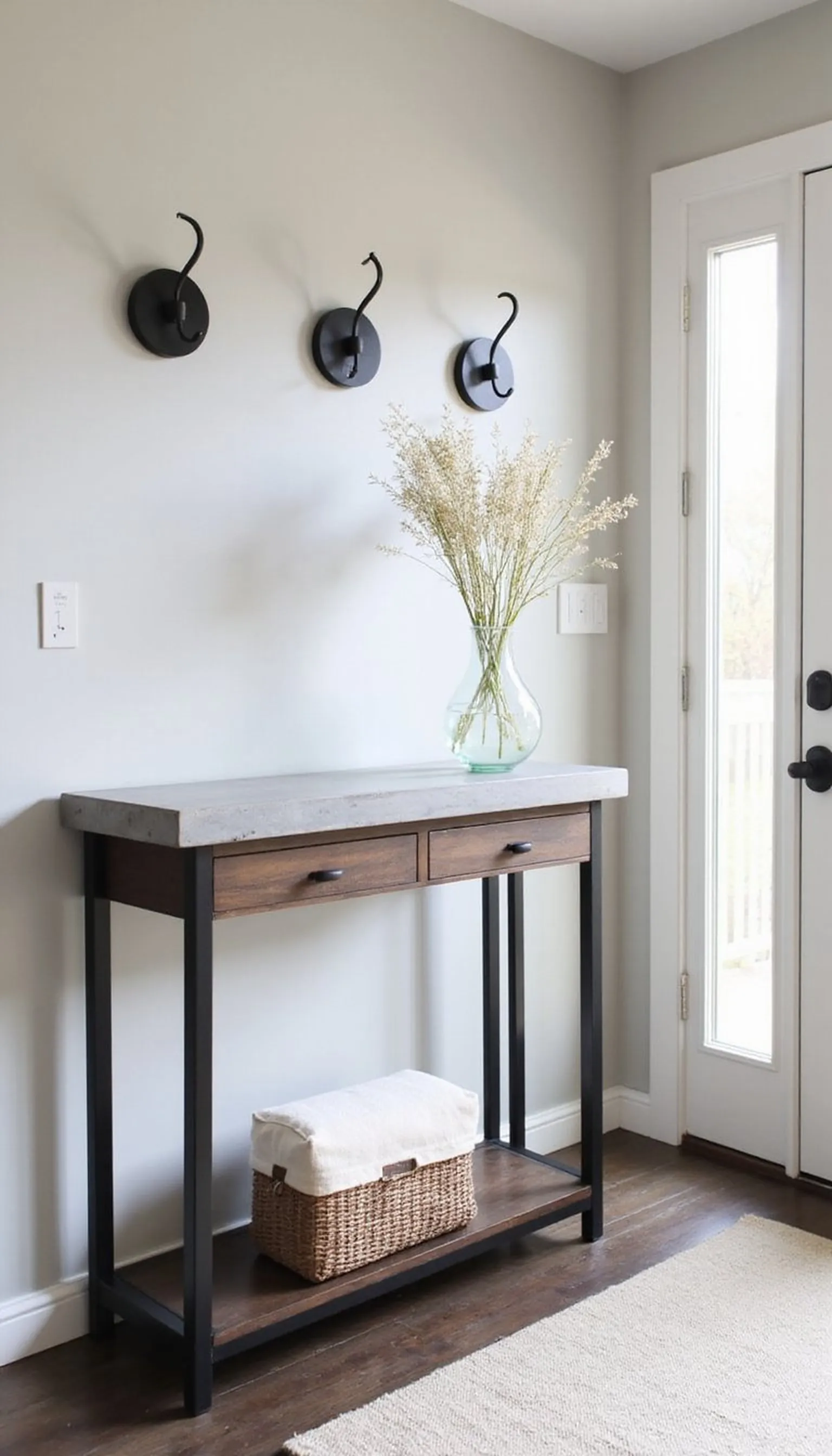 Minimal modern concrete console with black hooks
