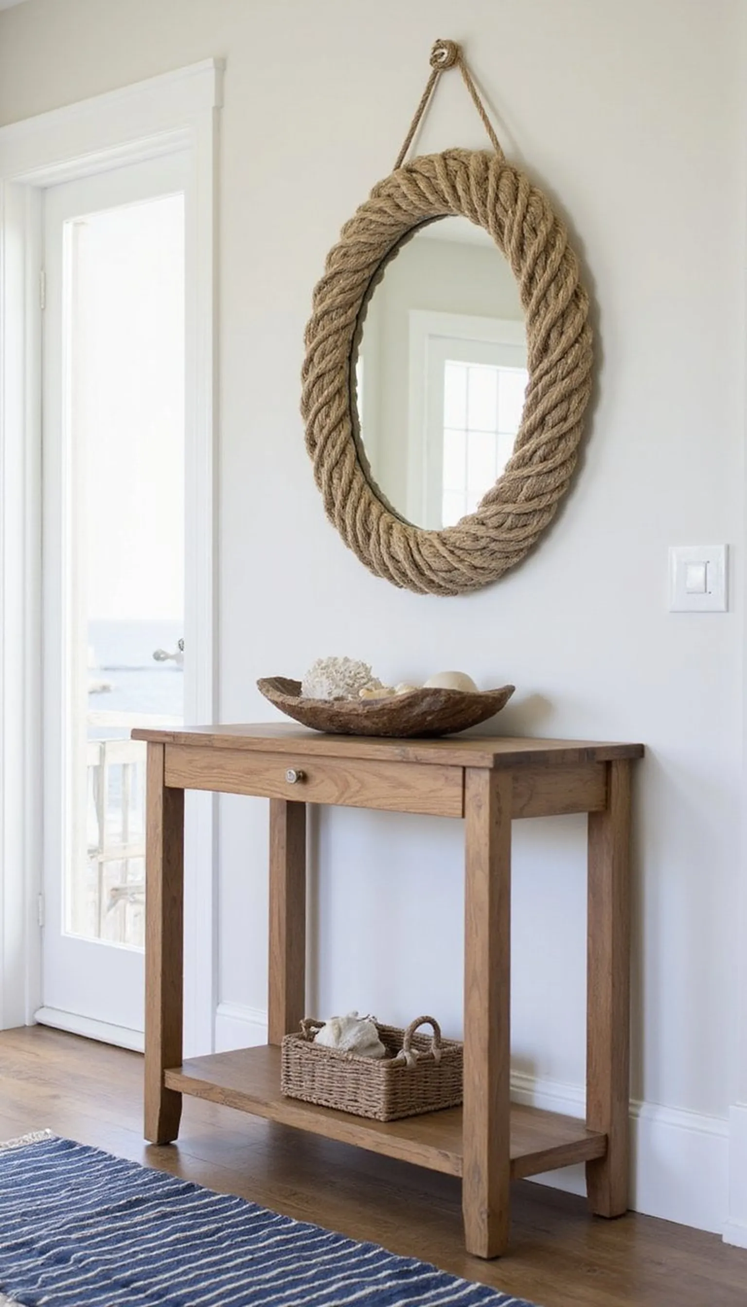 Nautical rope mirror paired with driftwood tray
