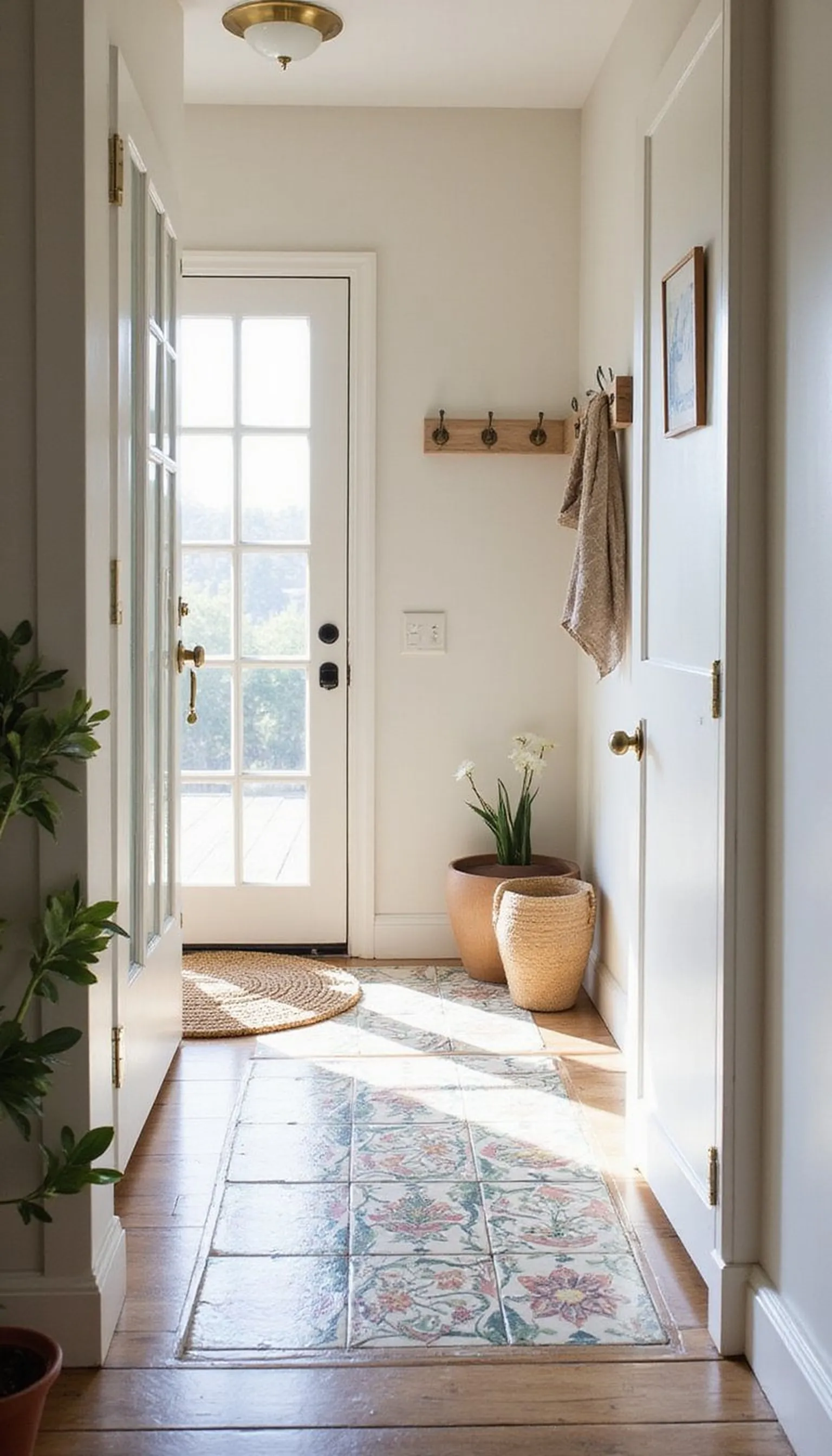 Painted tile runner and brass hooks for color pop