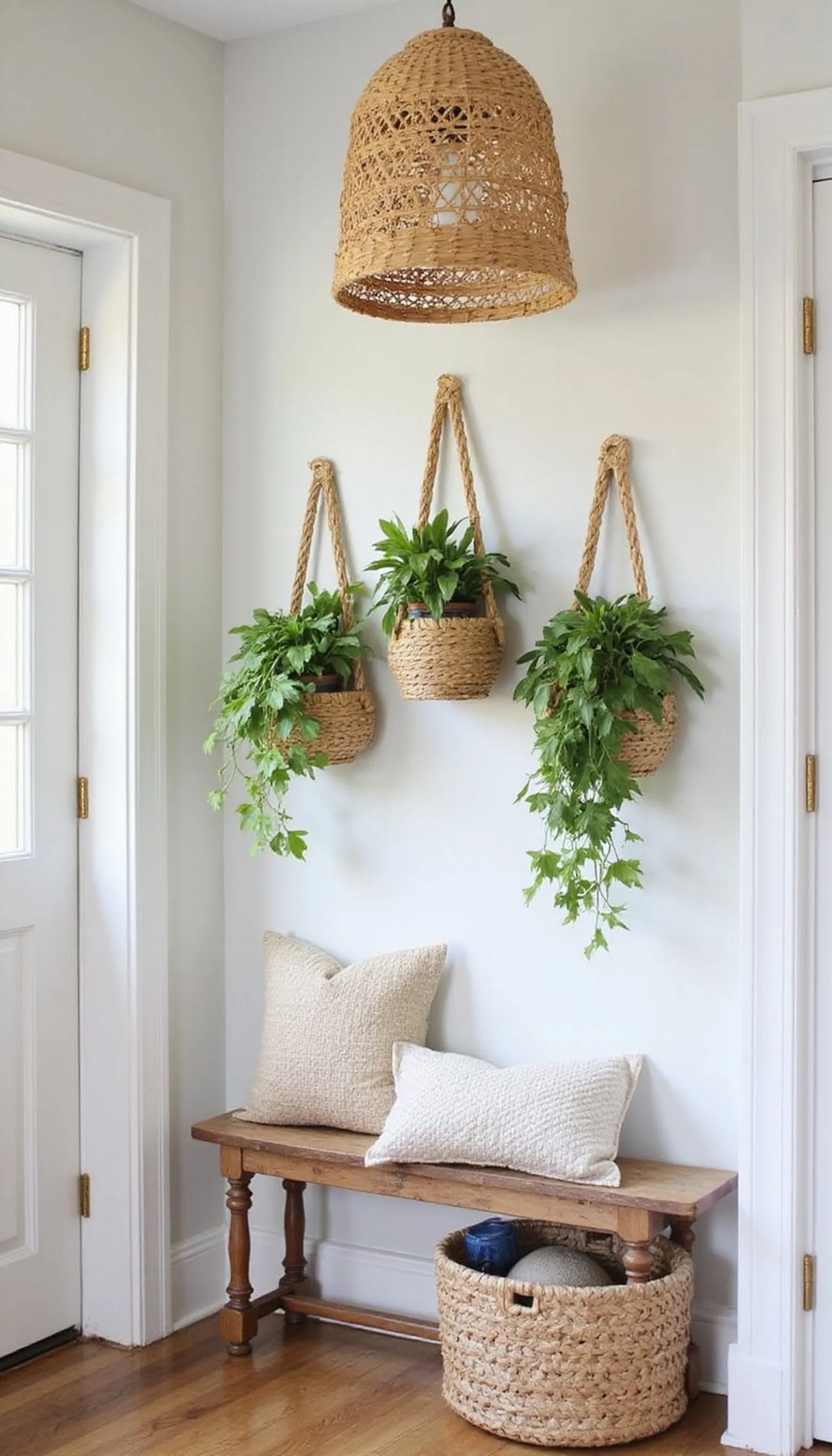Seagrass hanging planter and woven pendant lighting