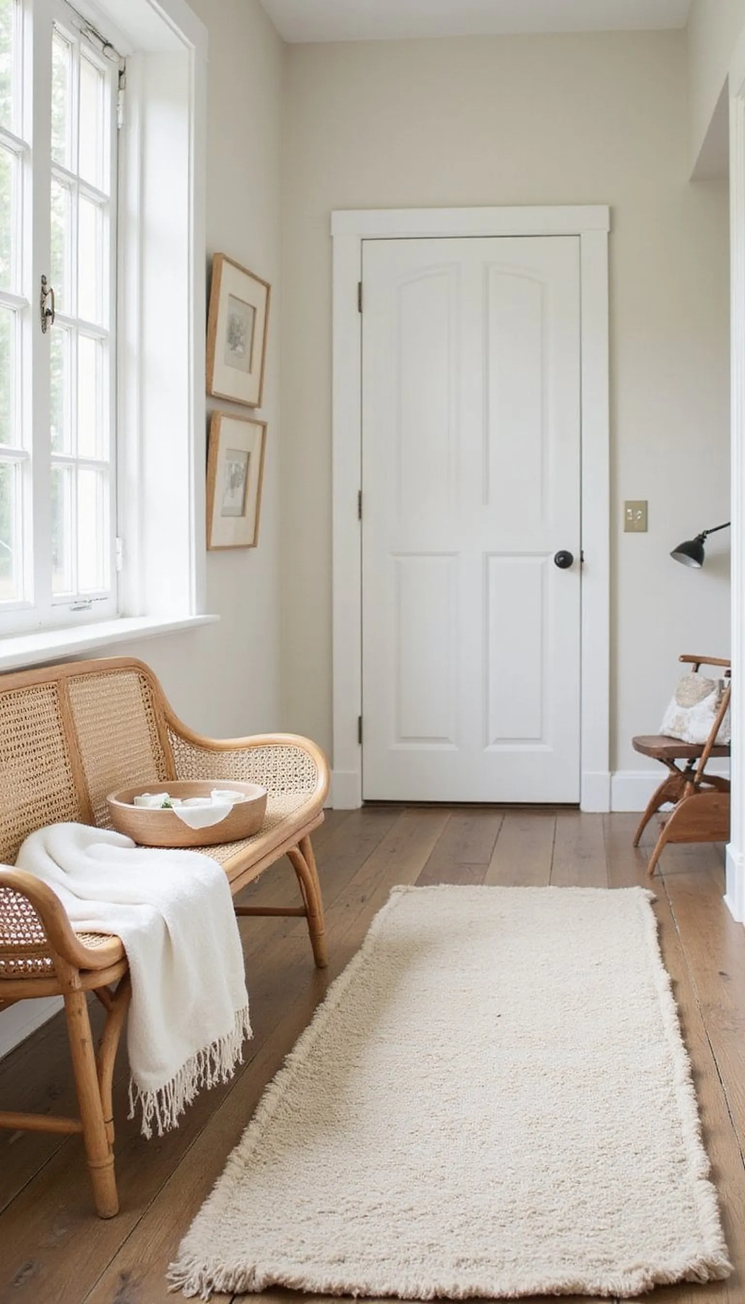 Soft pastel runner with a shoe bench and cane back